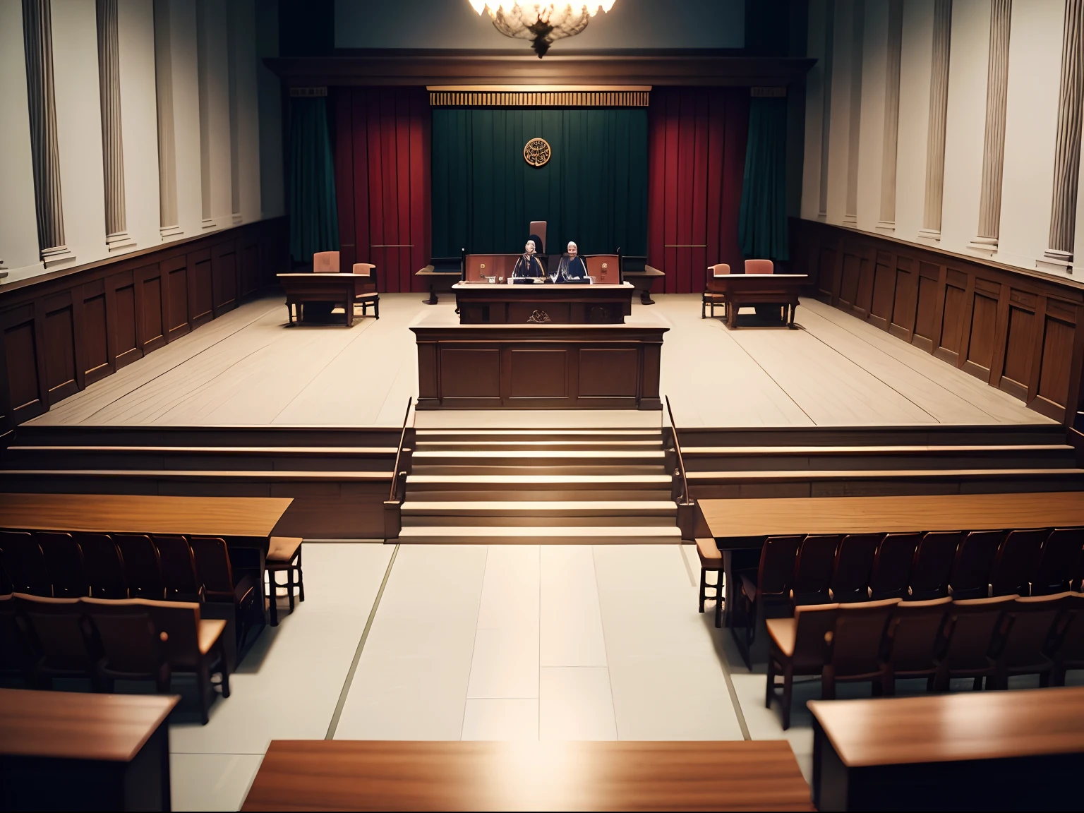 In a courtroom, several stern male judges presiding over a court hearing. The scene is set with a serious and formal atmosphere, where the judges are seated on a raised platform. the judges is dressed in black robes and white wigs