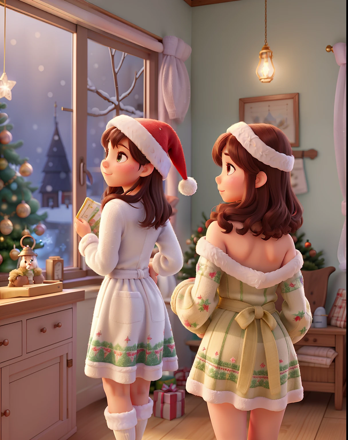 In a picturesque Disney Pixar Christmas illustration, 2 young adult women, 2 girls, friends, a charming indoor house is adorned with sparkling "christmas" decorations. Outside, delicate "snow" blankets the scenery, while a "cute young woman" in snug "woolen" underwear gazes through the frosted "window," capturing the enchanting holiday spirit. She is wearing wool lingerie underwear. view from behind