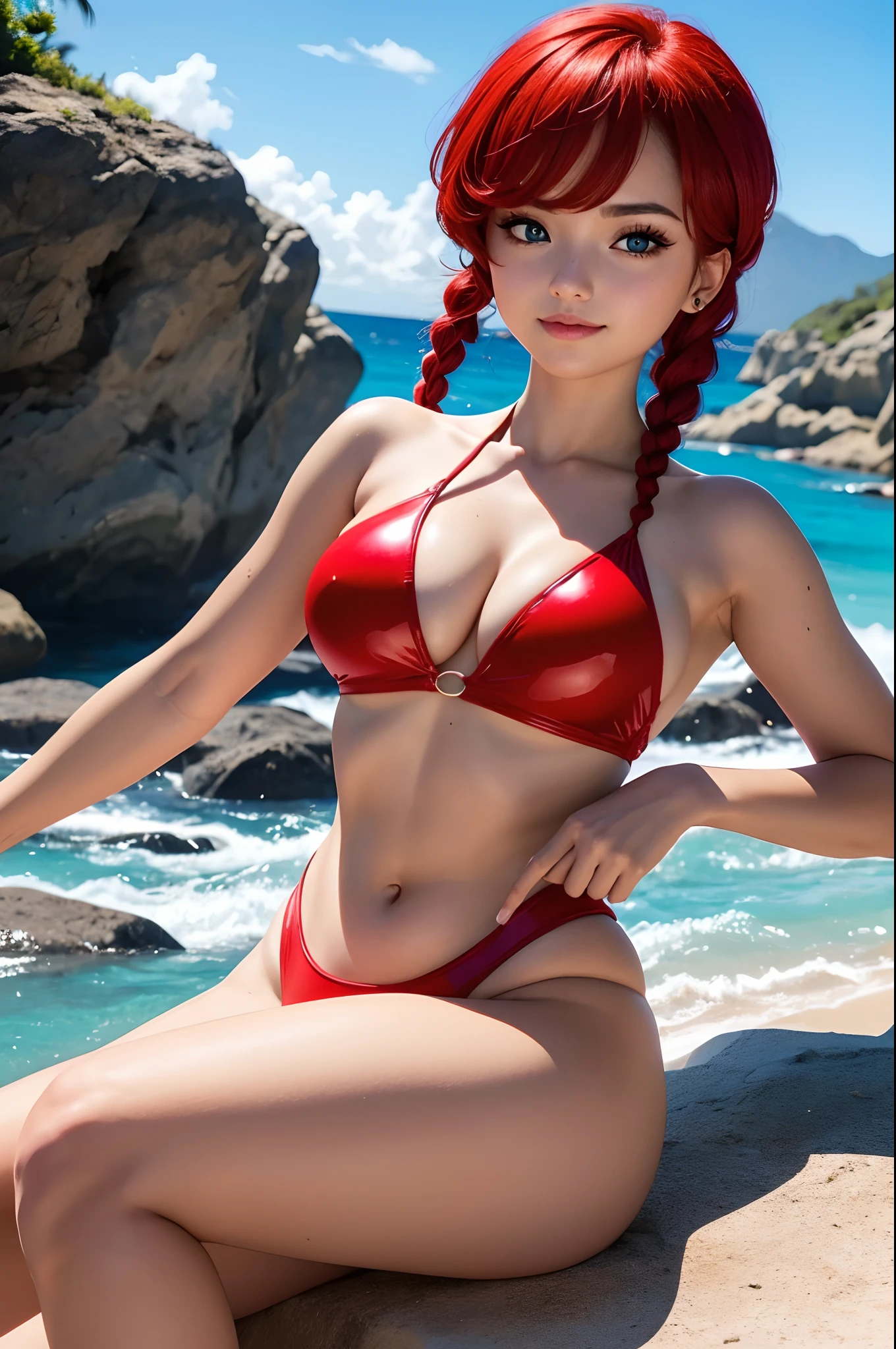 A closeup of a woman in a red latex swimsuit ((Seios grandes, menina de 16 anos)), (((15)) Luz do Sol, Mar, (Corpo Perfeito: 1.1), (Jovem), (Red hair long braid: 1.2), (Crimson red swimsuit), (Papel de Parede CG8k Altamente Detalhado), (Muito Delicado e Belo), (Obra-Prima), (Melhor Qualidade: 1.0), (ultra high def: 1.0), beautiful lighting, perfect lighting, Sombras Realistas, [alta resolução], Pele Detalhada, Ultra Detalhada, (beautiful hair braid), belos seios, blush, fotorrealista, olhos grandes azul, sorrindo (colorido))) (decote))), (delineador), (mascara), ((cabelo vermelho ruivo)) ((corpo perfeito)) ((coxas bonitas)), ((coxas espalhadas)), labios rosados pequenos e bonitos, garota sexy, roupa muito sexy, Oppai, trending at cgstation, Ranma Chan