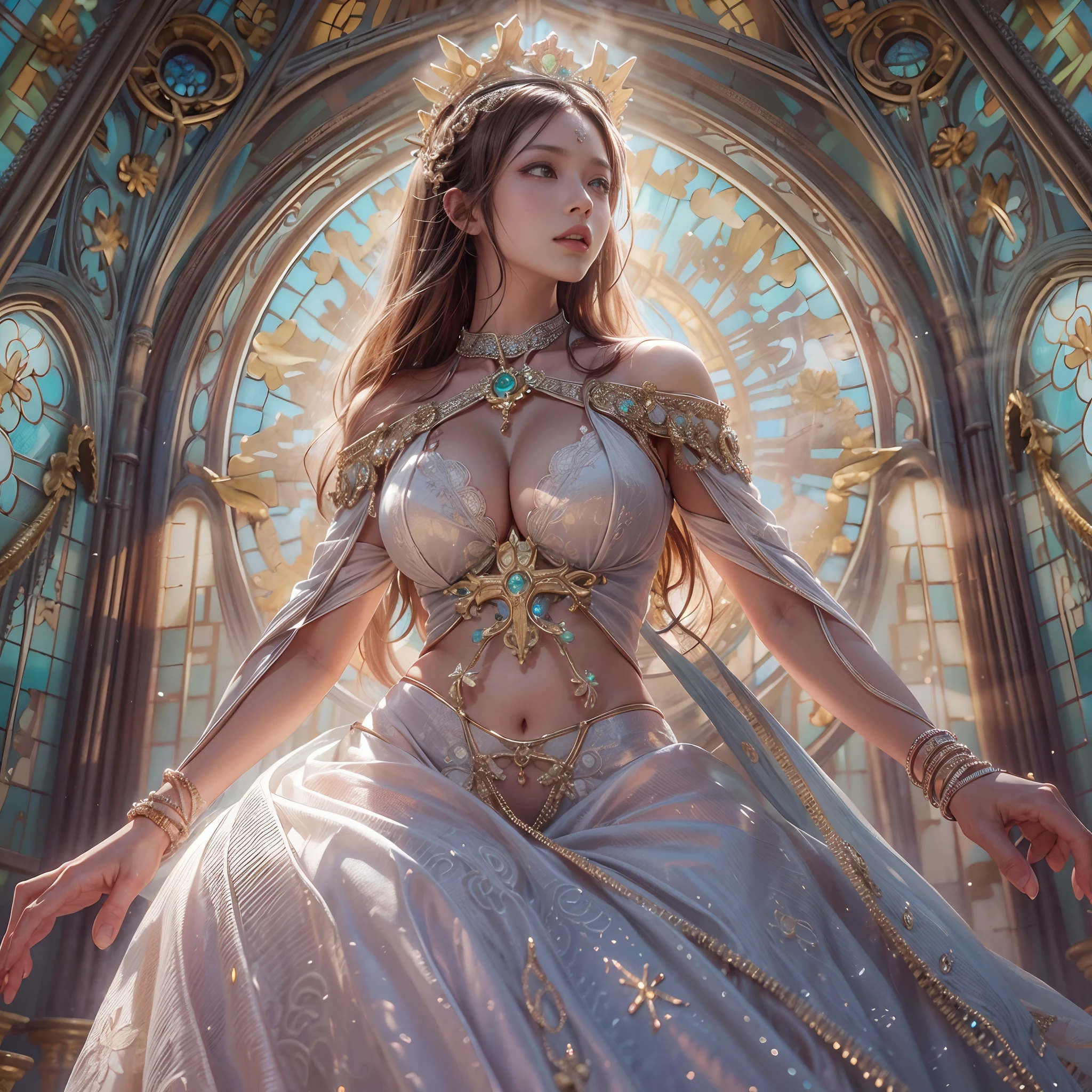 from below:1.2, (((masutepiece:1.35))), (((8K))), (((hight resolution))), (surrealism), god rays, Zoom Layer, (((photorealistic:1.37))), F/4.0, canon, Shiny skin,Detailed skin,Detailed face, Detailed eyes, Beautiful bride goddess, Royal Tiara, delicate lace knitted wedding dresses, Mystical sight, ((Light shines through stained glass)), Gigantic Cleavage:1.37, Overflowing, Biomechanical HUGE and HEAVY boob, (navel), ruby