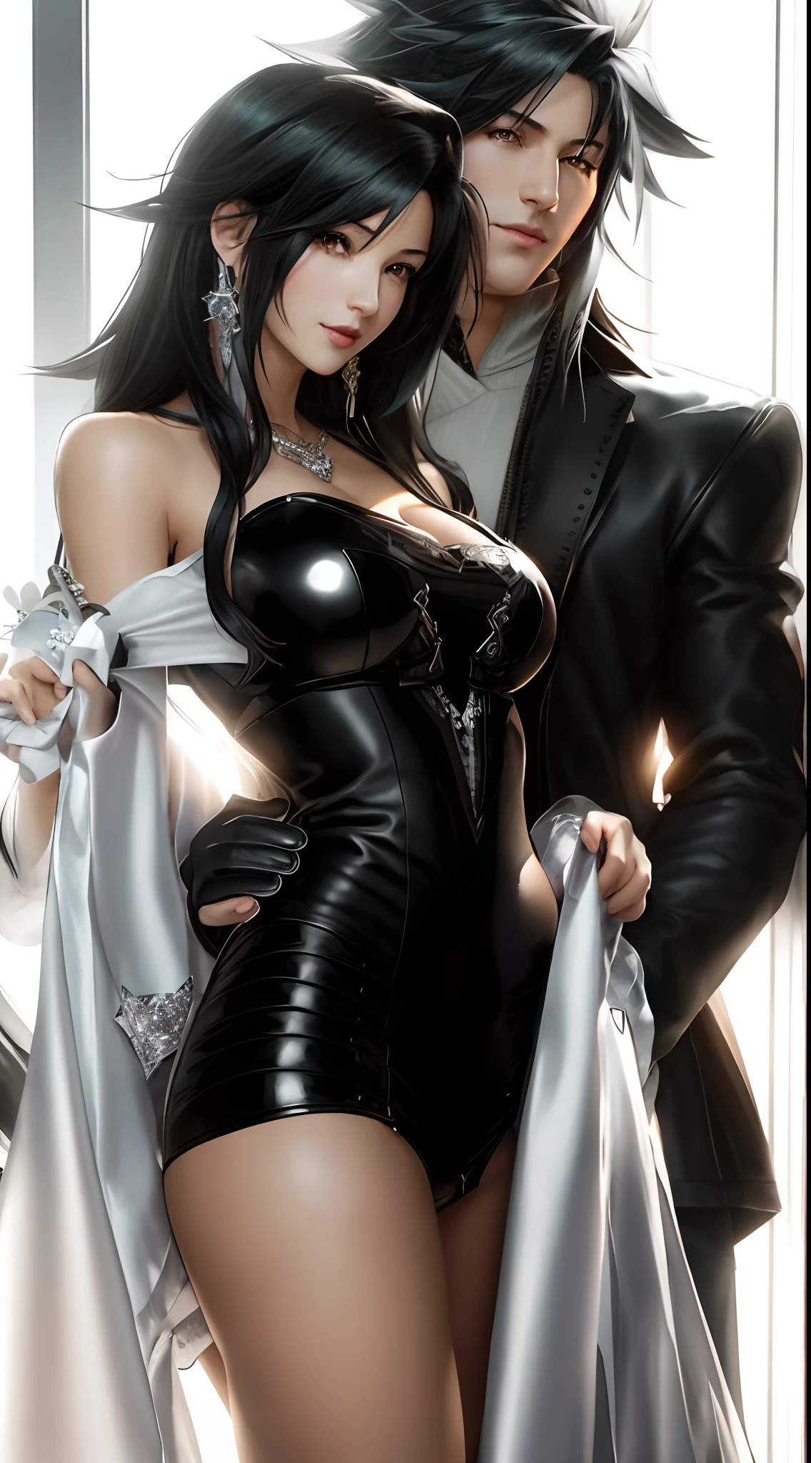 arafed image of a sexy couple posing together in a window, black hairs,seductive tifa lockhart portrait, tifa, tifa lockhart, tifa lockheart, tifa lockhart portrait, glamorous tifa lockheart, portrait of tifa lockhart, tifa lockhart with white hair, range murata and artgerm, 8k high quality detailed art