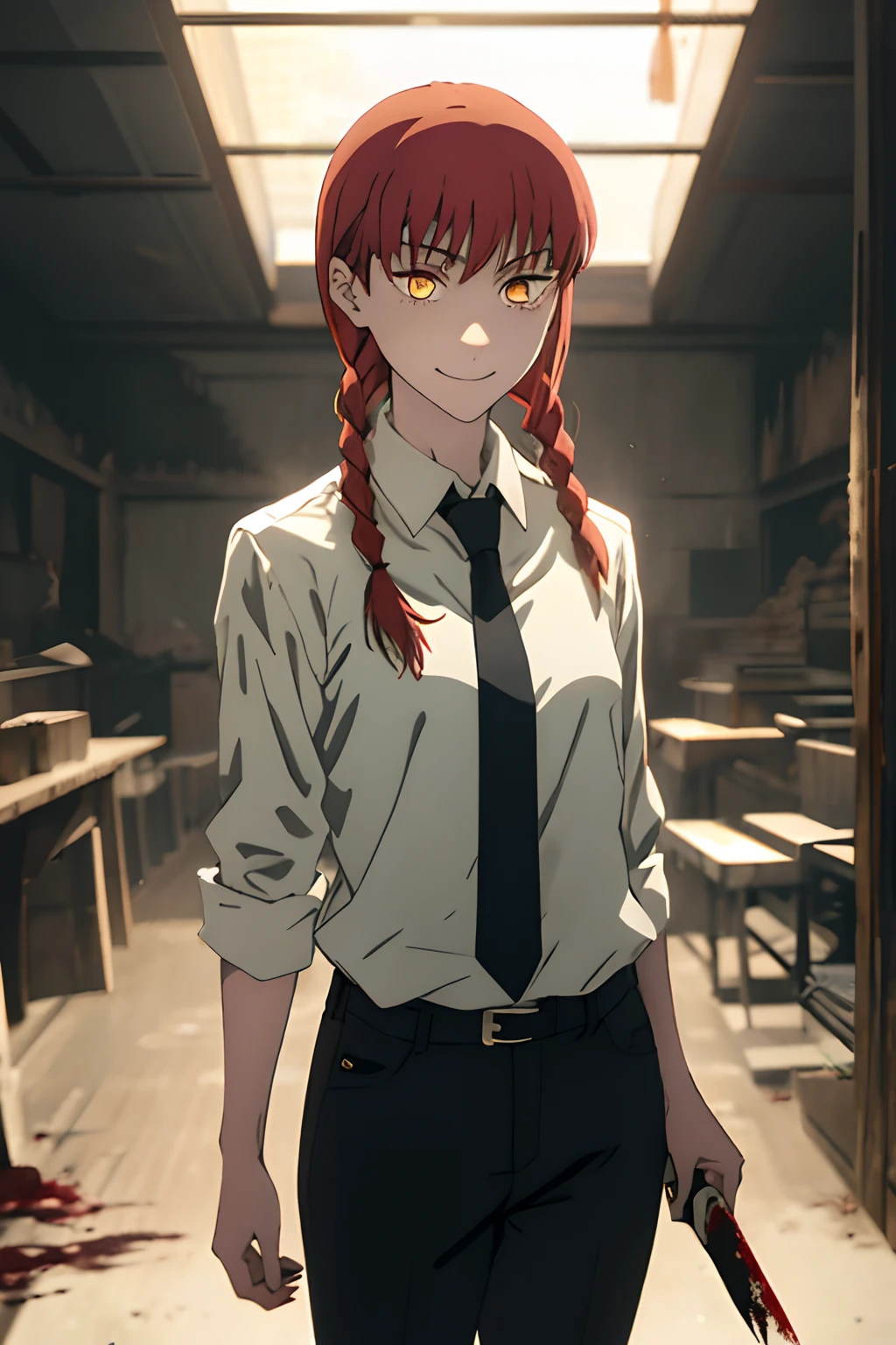makima \(chainsaw man\), holding knife, blood rain, 1girl, solo, standing, red hair, long braided hair, golden eyes, bangs, medium breasts, white shirt, necktie, stare, smile, (evil:1.2), looking at viewer, (interview:1.3), dark background, pants, black pants, best quality, shiny skin, highest quality, high resolution.