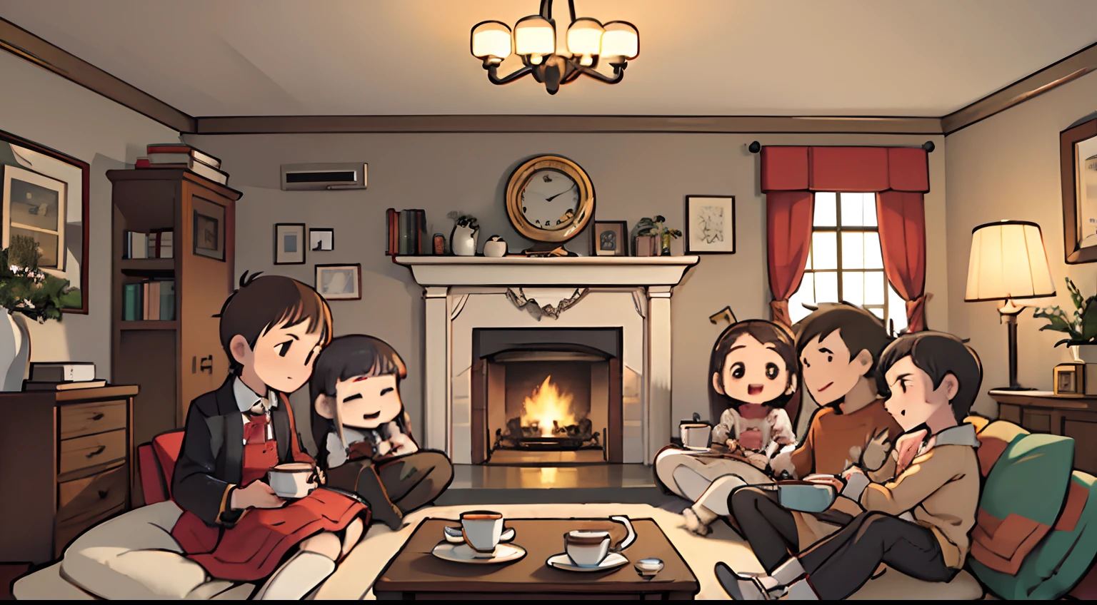 A group of cheerful friends(6 agers of different genders) in a cosy English living room with a fireplace, Festive Tea Party, A lot of small details of the environment, higly detailed,