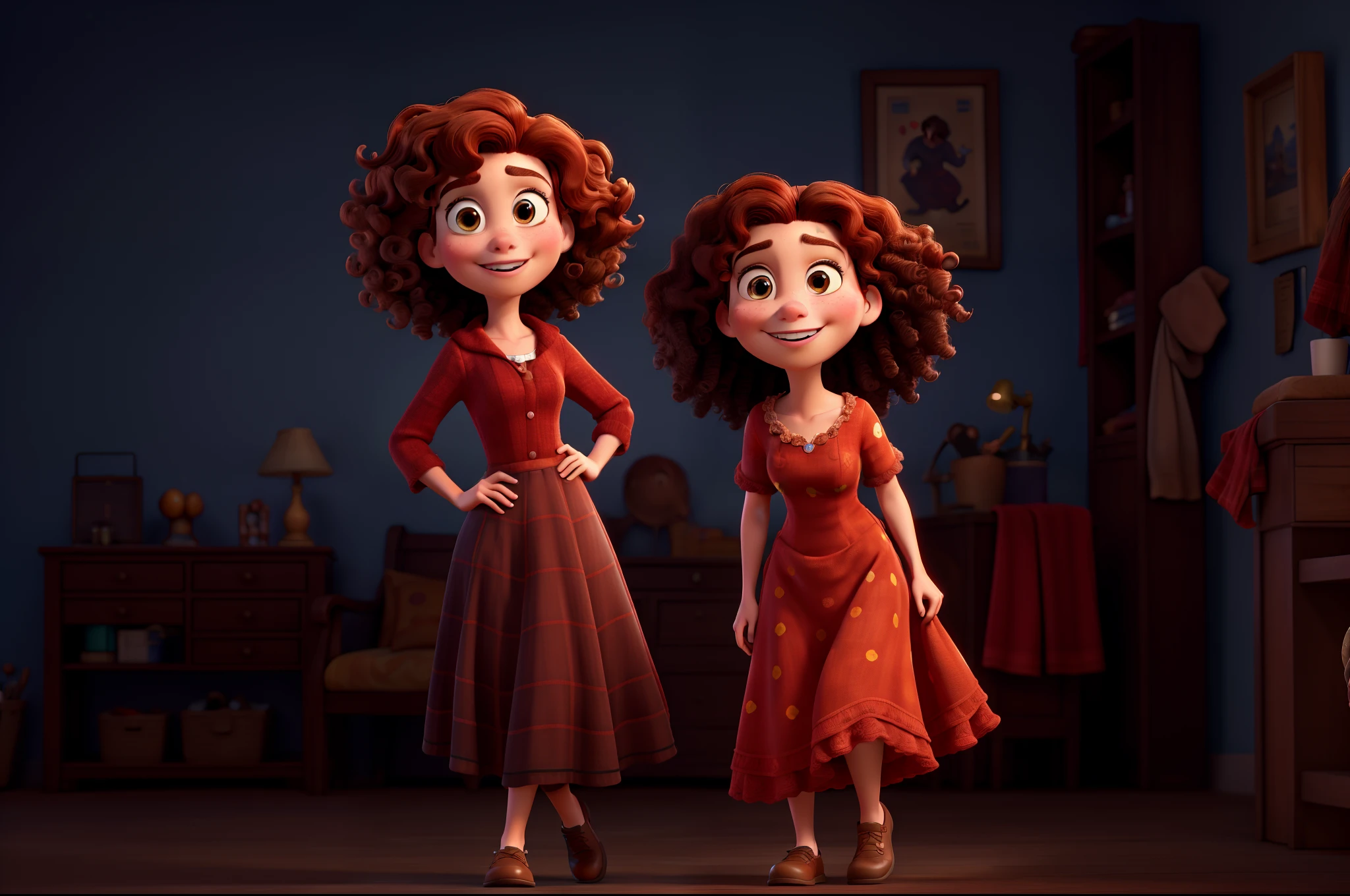 Disney/Pixar style masterpiece in high quality and high resolution. Two women with brown eyes, curly hair, the one on the left has red hair and the one on the right has light brown hair,