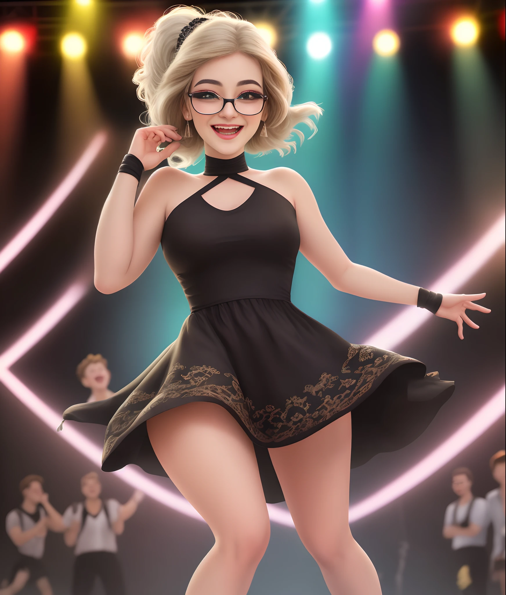 "(best quality,ultra-detalhado,Realistic:1.37),3D rendering,illustration,design de personagens,belos olhos detalhados,wearing white glasses,Estilo Pixar,morena mulher,Dancing on the Disney stage,atmosfera animada,vivid colors,luzes de palco,expression joyful" Disney, Esposa linda de olhos verdes, cabelos de cor preta compridos, Wearing short dress to a party with several male friends and her husband watching her smile and have fun.