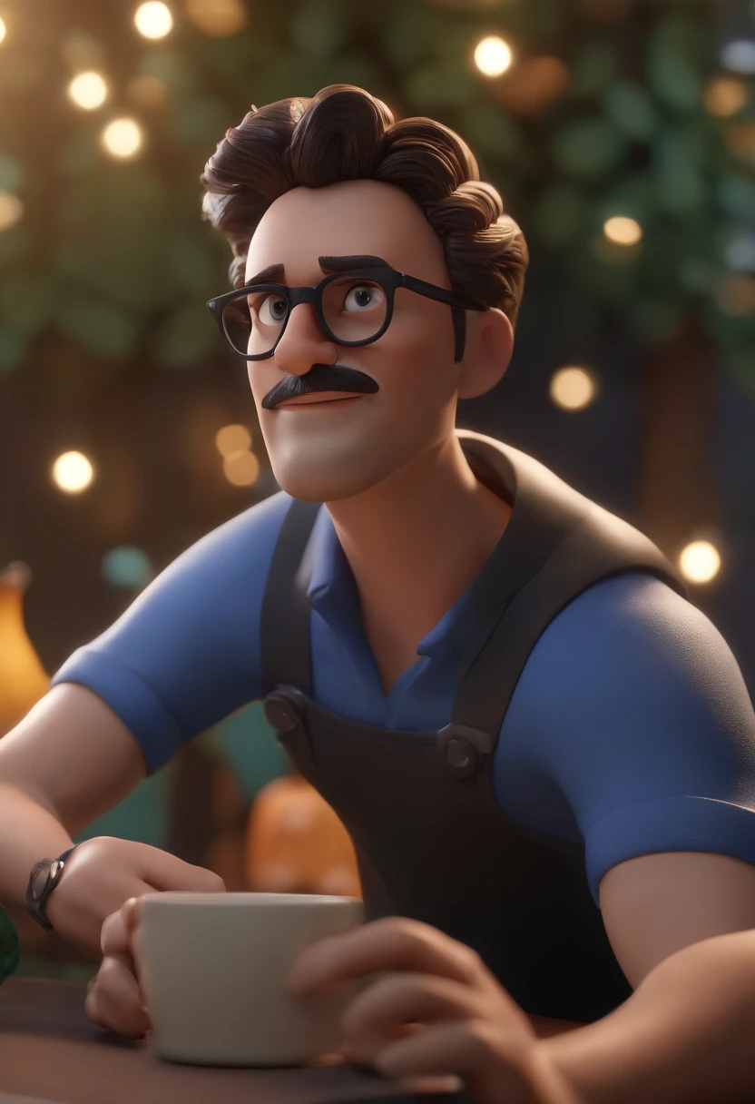Cartoon character of a man wearing black glasses and a blue shirt, um personagem animado, Caractere estilizado, animation style rendering, 3D estilizado, Arnold Maya render, 3 d render stylized, toon render keyshot, Personagem 3D, Personagem 3D, 3d rendering stylized, 3 d character render, personagem de desenho animado, Personagem de close up, Pose de personagem, (Estilo Pixar) (master part:1.2) (Bokeh) (best quality) (pele detalhada) (textura detalhada) (8k) (argila) (Cinematic lighting) (foco nítido,Senta e vaza a parte superior do corpo
