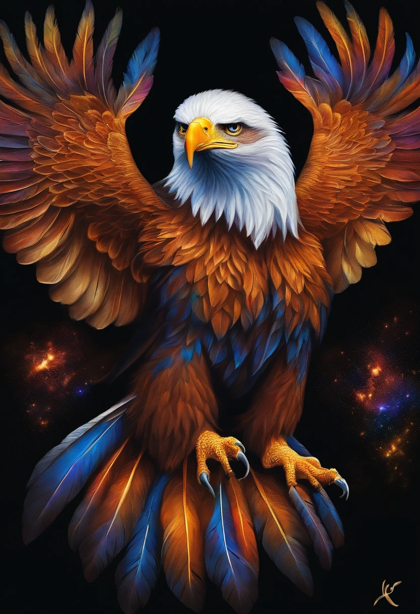 Painted eagle painting on black background,, breath-taking rendering, Within a radiant connection, Inspired by Kinuko Y. nipple process,, Magical elements, Kitten icon, Wow, The are beautiful, casting a multi colorful spell, Bright flash, Flash