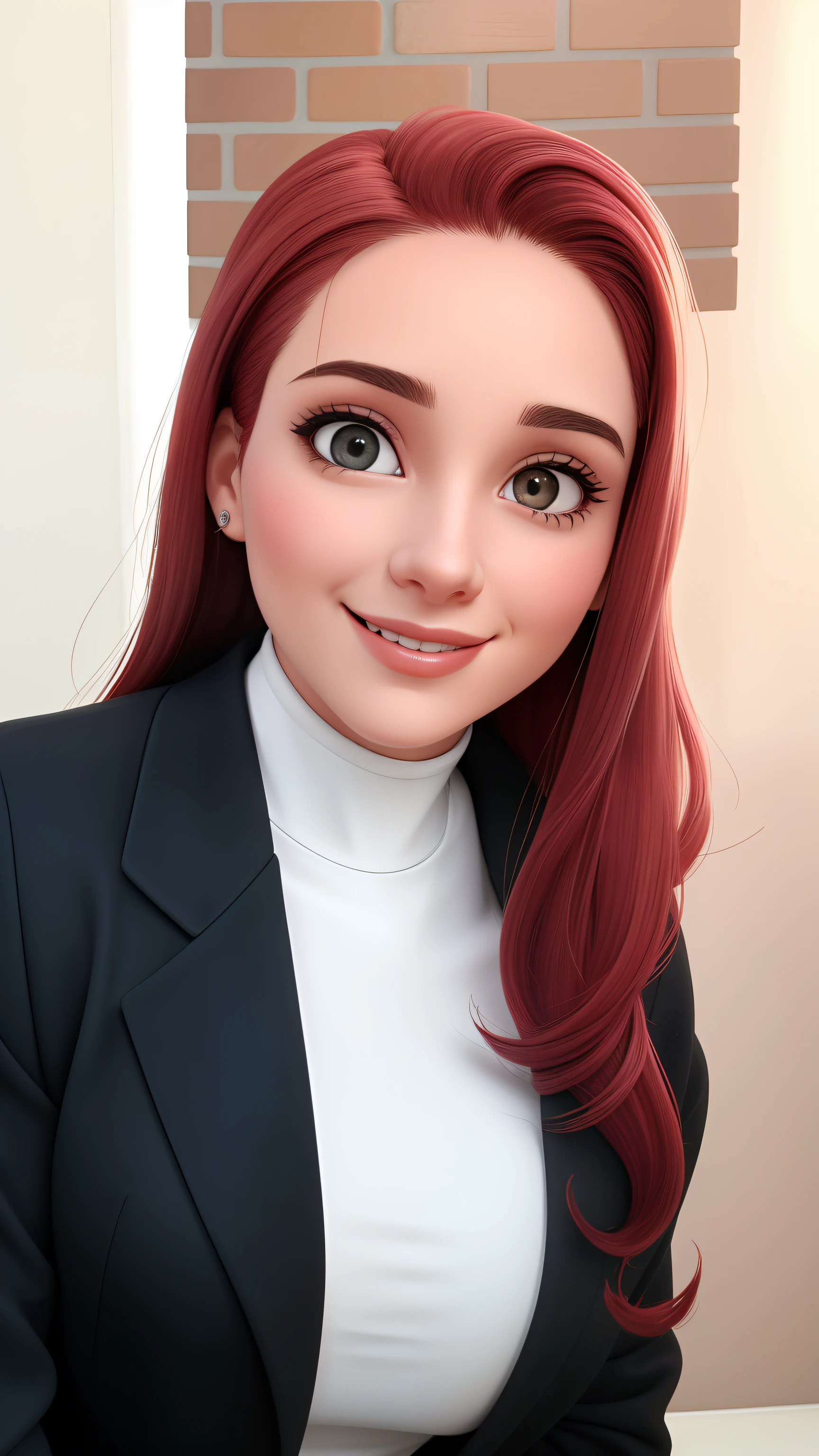 Uma mulher de 30 anos, com cabelos vermelho longo, mecha branca na franja do cabelo, Rosto redondo, rosto redondo com sorriso encantador, e olhos castanhos escuro