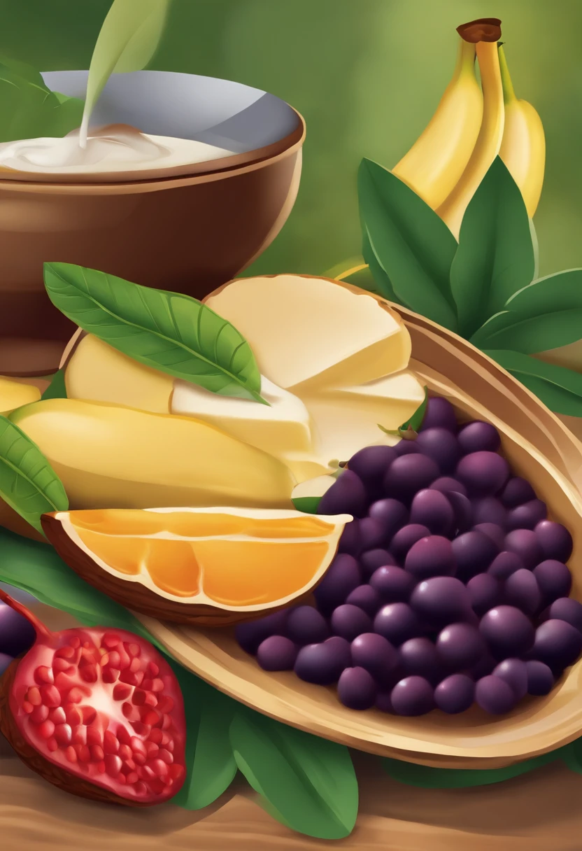 Create a vibrant digital illustration of a traditional Pará scene focusing on a bowl of açaí, A popular dish from the northern region of Brazil. The illustration must have a semi-realistic or 3D style. Highly creamy acai berry. Envolva o ambiente com uma variedade de frutas, banana, morango, farinha, Granola. Capture the vibrant colors and textures of items