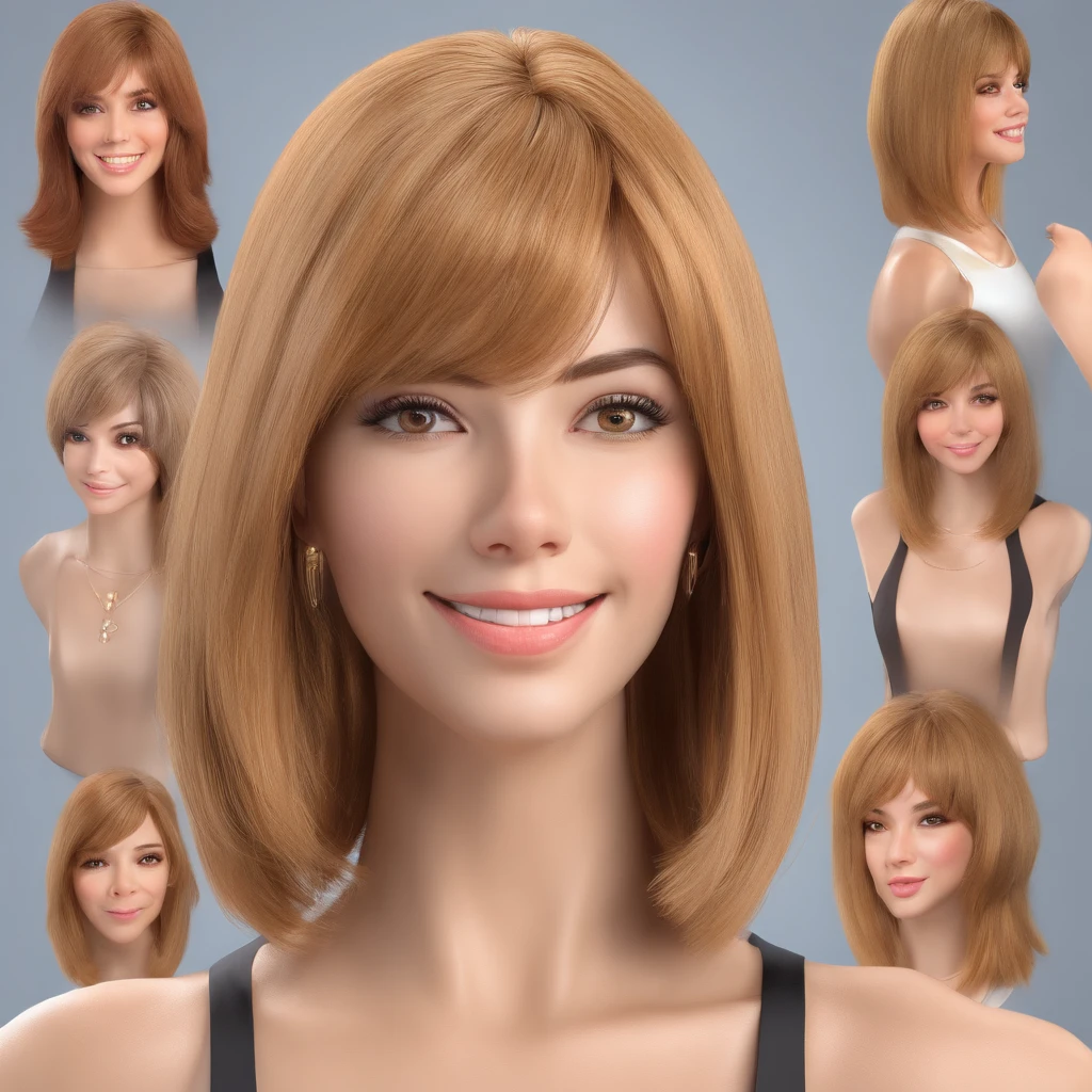 Brown hair with neck-length blonde wigs, rosto jovem, com terno de advogado, olhos castanhos, sorriso com dentes brancos