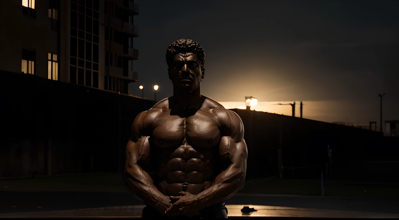 "Create a visual representation of a stoic, muscular-bodied statue clearly marking boundaries in a scene with a dark background, mostrando una presencia imponente y un sentido de autodisciplina."