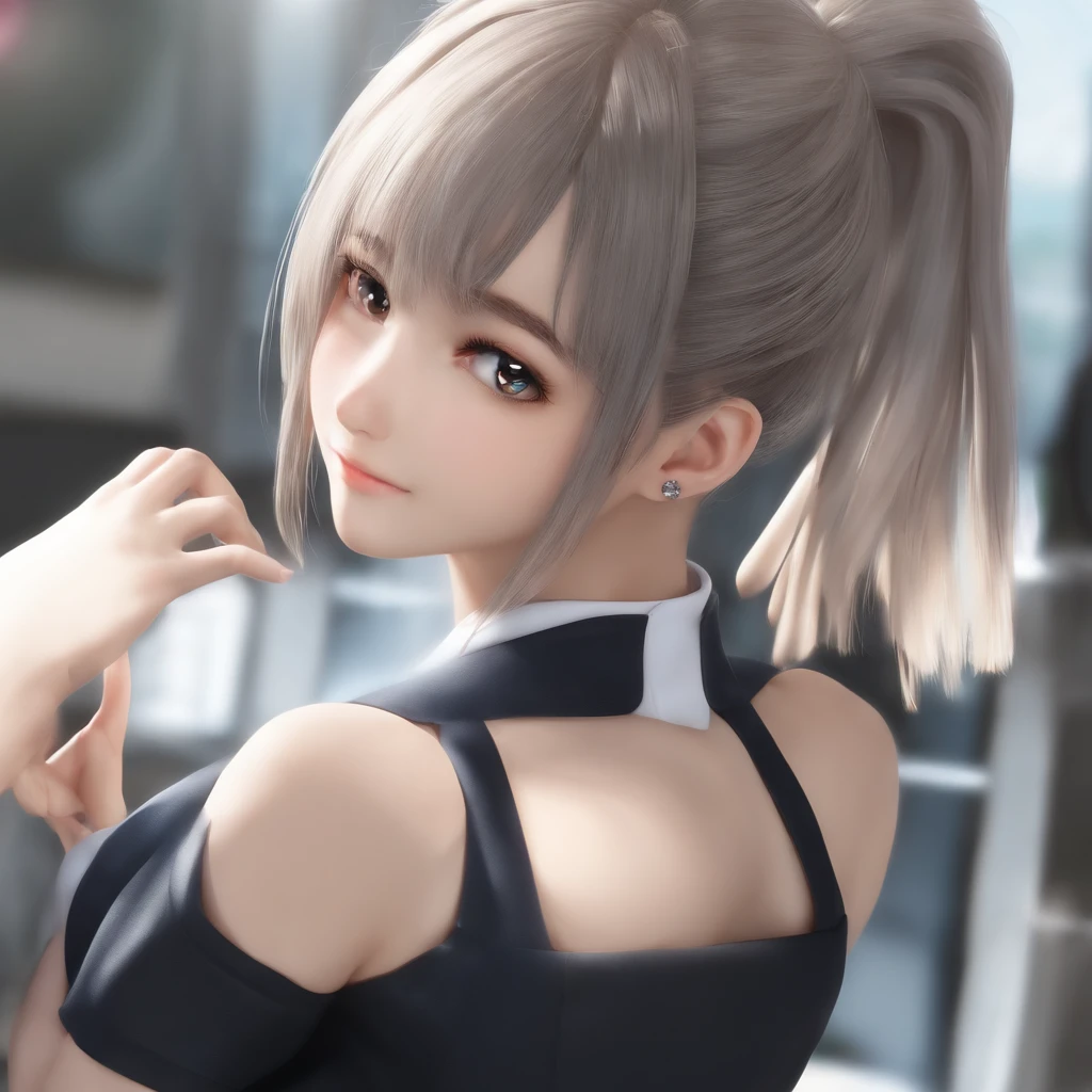 ((Obra maestra)), ((La mejor calidad)), ((Altas Resoluciones)), ((fondo de pantalla CG 8k extremadamente detallado)), solamente, Tachibana Kanade, Uniforme escolar bronceado, falda negra, Calcetines blancos, al aire libre, cara, Playa, Cabello colgante, cabello partido, cabello plateado