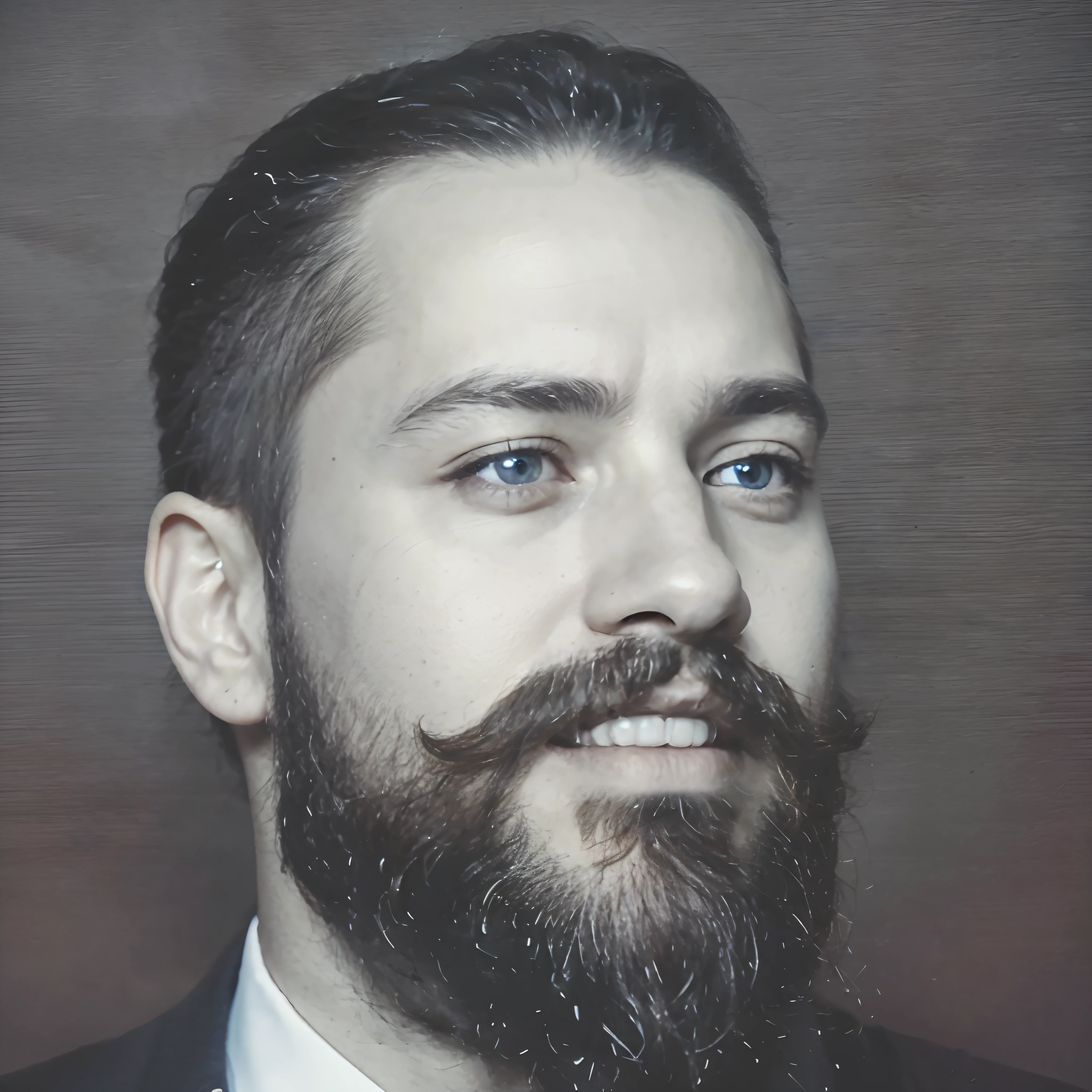 RAW photo, portrait of a man with a beard in a grey suite, full sharp, detailed face, blue eyes, (high detailed skin:1.2), 8k, uhd, dslr, soft lighting, high quality, film grain, Fujifilm XT3