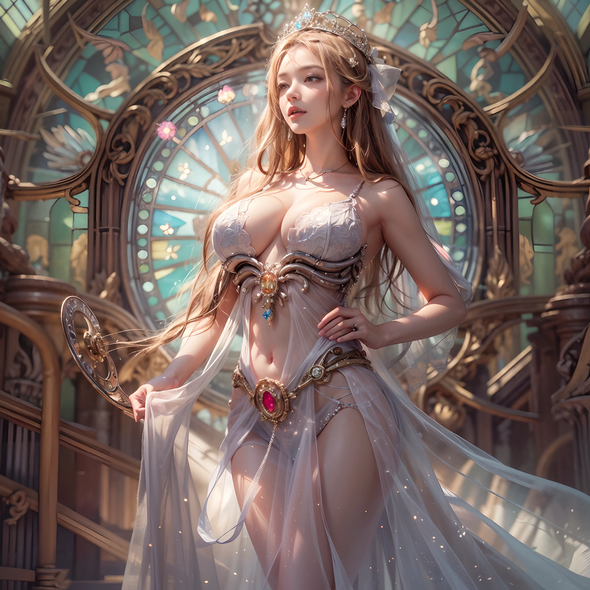 from below:1.2, (((masutepiece:1.35))), (((8K))), (((hight resolution))), surrealism, god rays, Zoom Layer, (((photorealistic:1.37))), F/4.0, canon, Detailed glistening skin,Detailed face, Detailed eyes, Beautiful bride goddess, Princes Tiara, delicate lace knitted see-through wedding dresses, Mystical sight, ((Light shines through stained glass)), Gigantic Cleavage:1.37, Overflowing, Biomechanical HUGE and HEAVY boob, (navel), simple ruby accessories,