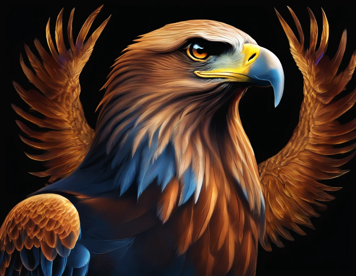 Painted eagle painting on black background,, breathtaking rendering, inside a radiant connection, inspirado em Kinuko Y. Processo mamilar,, Magical Elements, kitten icon, uau, The are beautiful, casting a multi colored spell, bright flash, lampejo