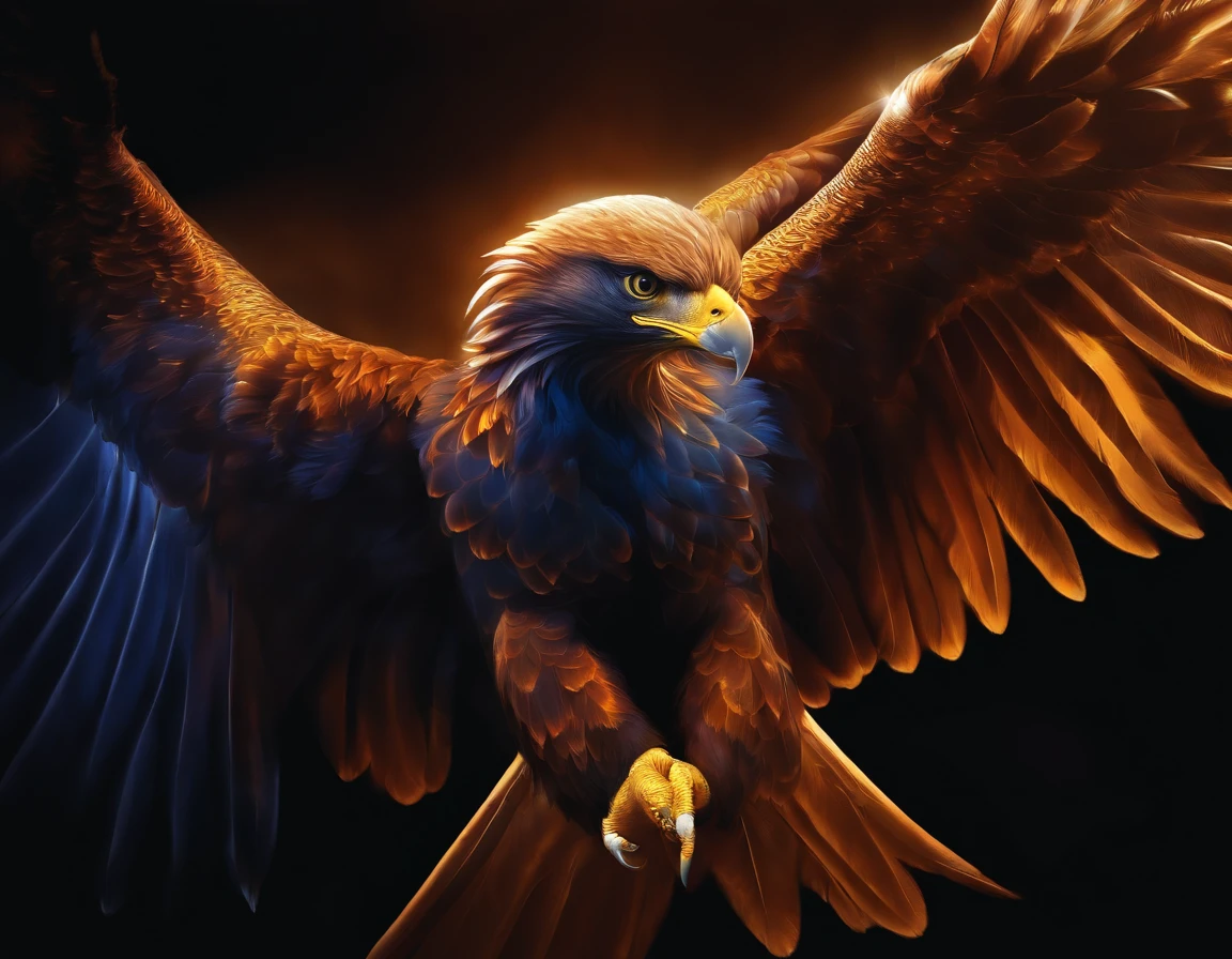 Painted eagle painting on black background,, breathtaking rendering, inside a radiant connection, inspirado em Kinuko Y. Processo mamilar,, Magical Elements, kitten icon, uau, The are beautiful, casting a multi colored spell, bright flash, lampejo