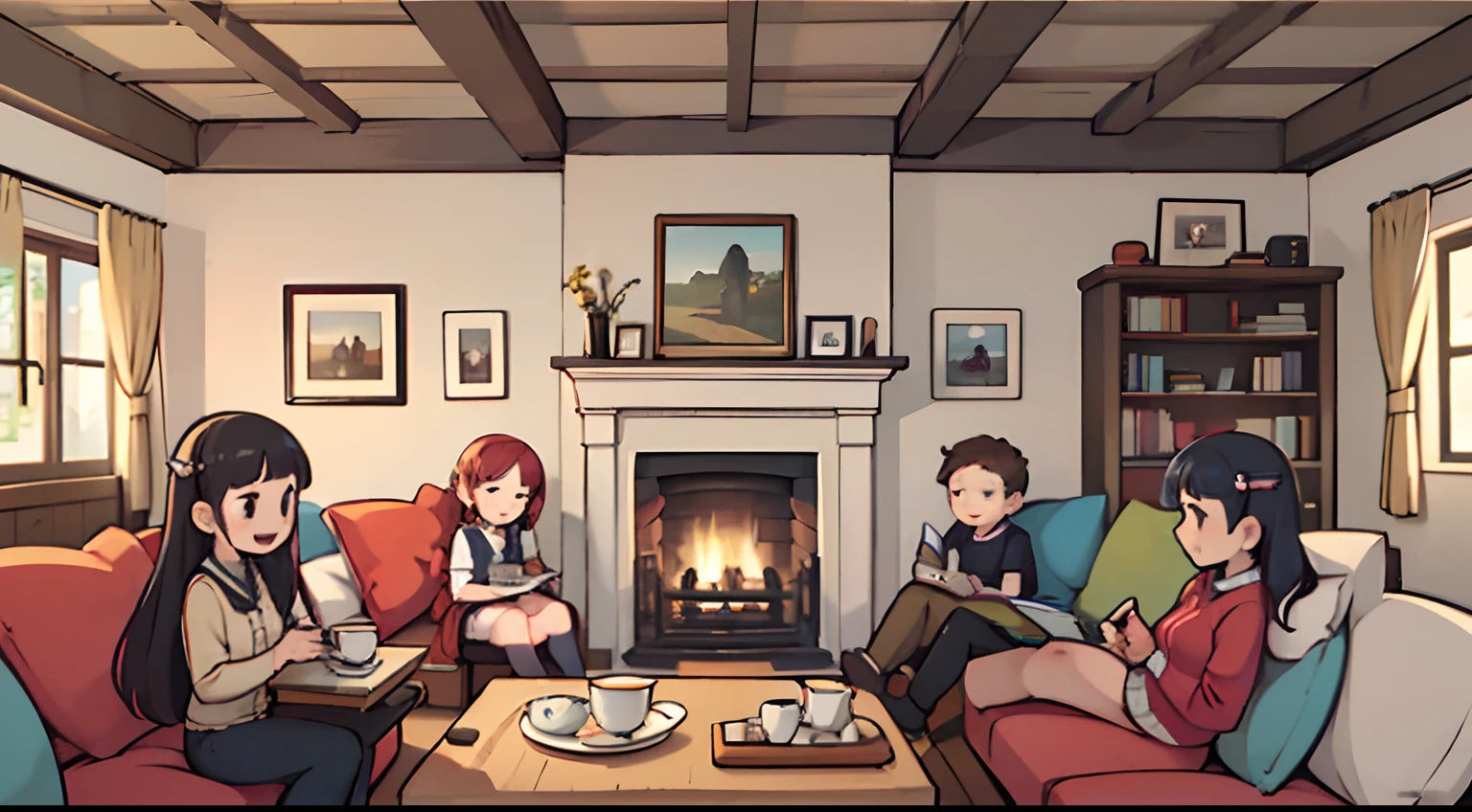 A group of cheerful friends(6 teenagers of different genders) in a cosy English living room with a fireplace, Festive Tea Party, A lot of small details of the environment, higly detailed,