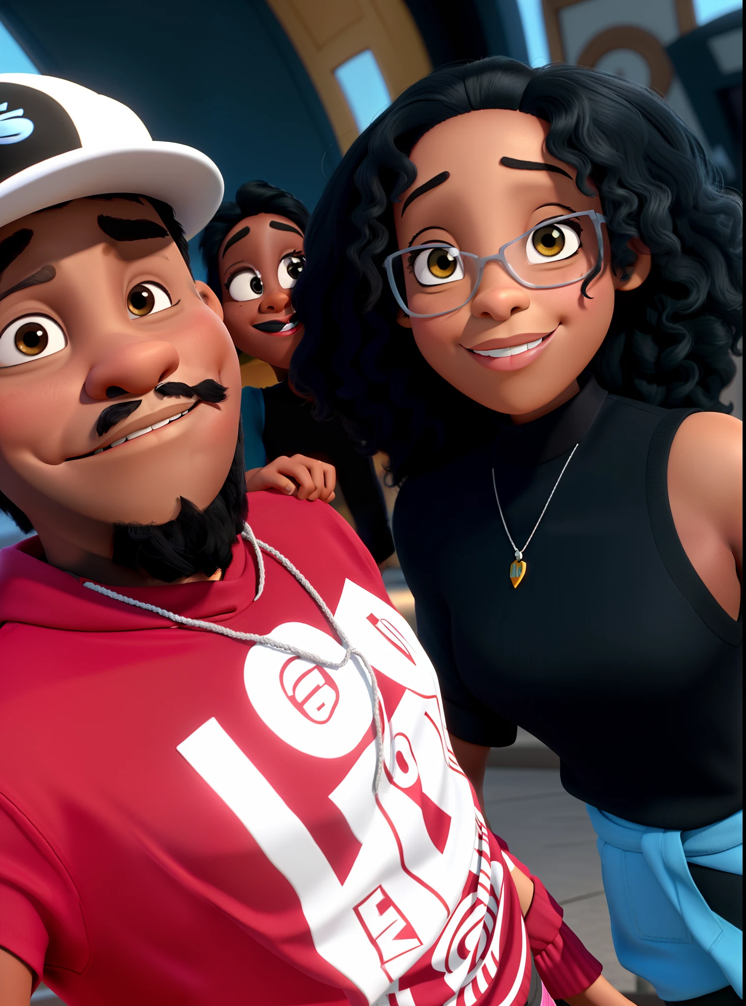 Casal (homem negro e mulher negra) no estilo Disney Pixar, alta qualidade, melhor qualidade.