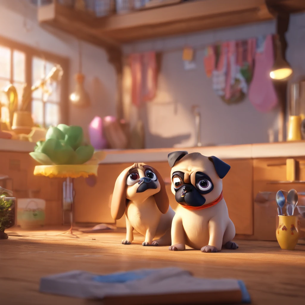 Pixar. Mulher com um filhote de cachorro pug . A mulher esta deitada, com os olhos ainda inchados, The pug is lying with its head resting on the woman's cheek, olhando para o lado. A mulher tem, olhos escuros e cansados.