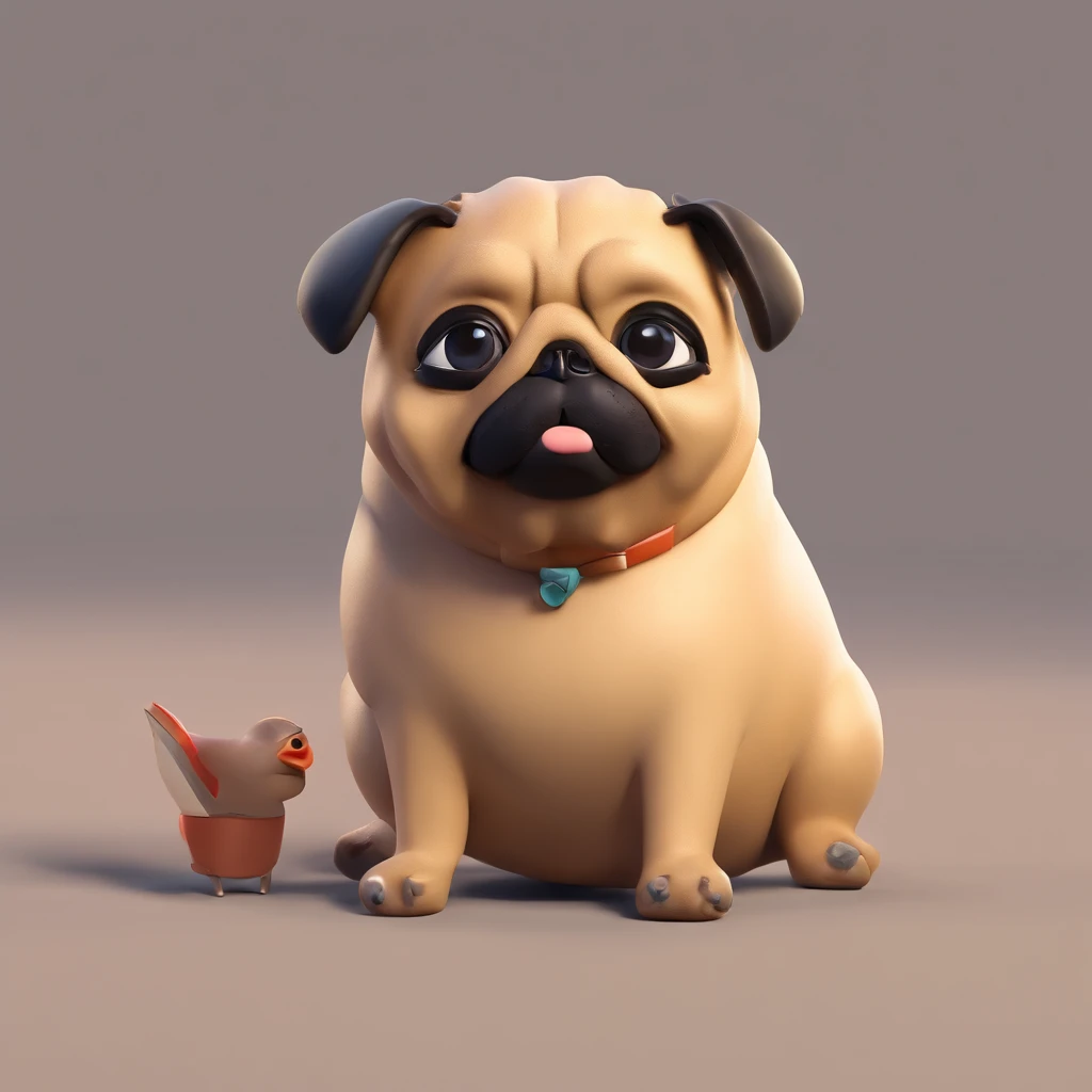 Pixar. Mulher com um filhote de cachorro pug . A mulher esta deitada, com os olhos ainda inchados, The pug is lying with its head resting on the woman's cheek, olhando para o lado. A mulher tem, olhos escuros e cansados.