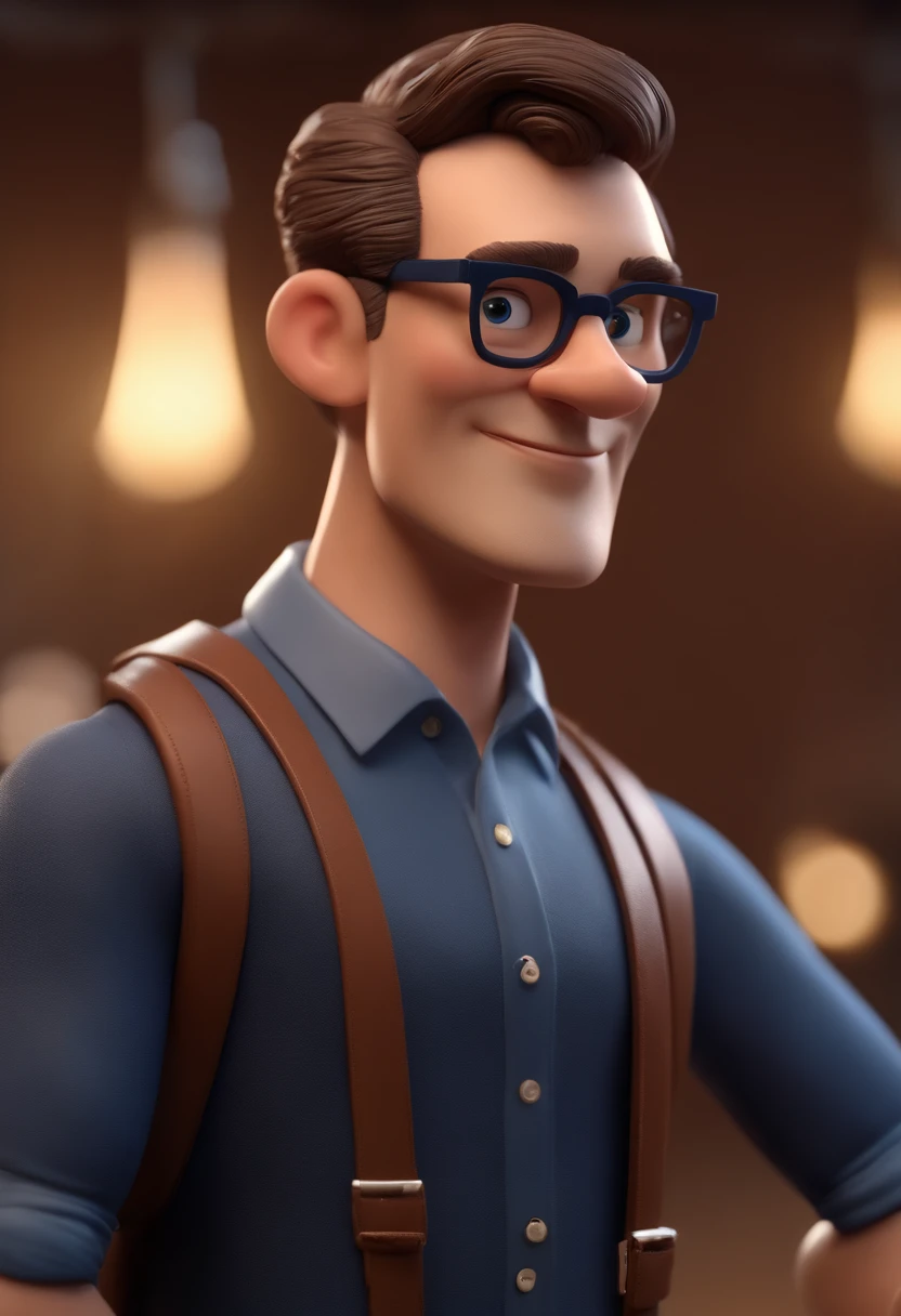 Cartoon character of a man wearing black glasses and a blue shirt, um personagem animado, Caractere estilizado, animation style rendering, 3D estilizado, Arnold Maya render, 3 d render stylized, toon render keyshot, Personagem 3D, Personagem 3D, 3d rendering stylized, 3 d character render, personagem de desenho animado, Personagem de close up, Pose de personagem, (Estilo Pixar) (master part:1.2) (Bokeh) (best quality) (pele detalhada) (textura detalhada) (8k) (argila) (Cinematic lighting) (foco nítido，Senta e vaza a parte superior do corpo