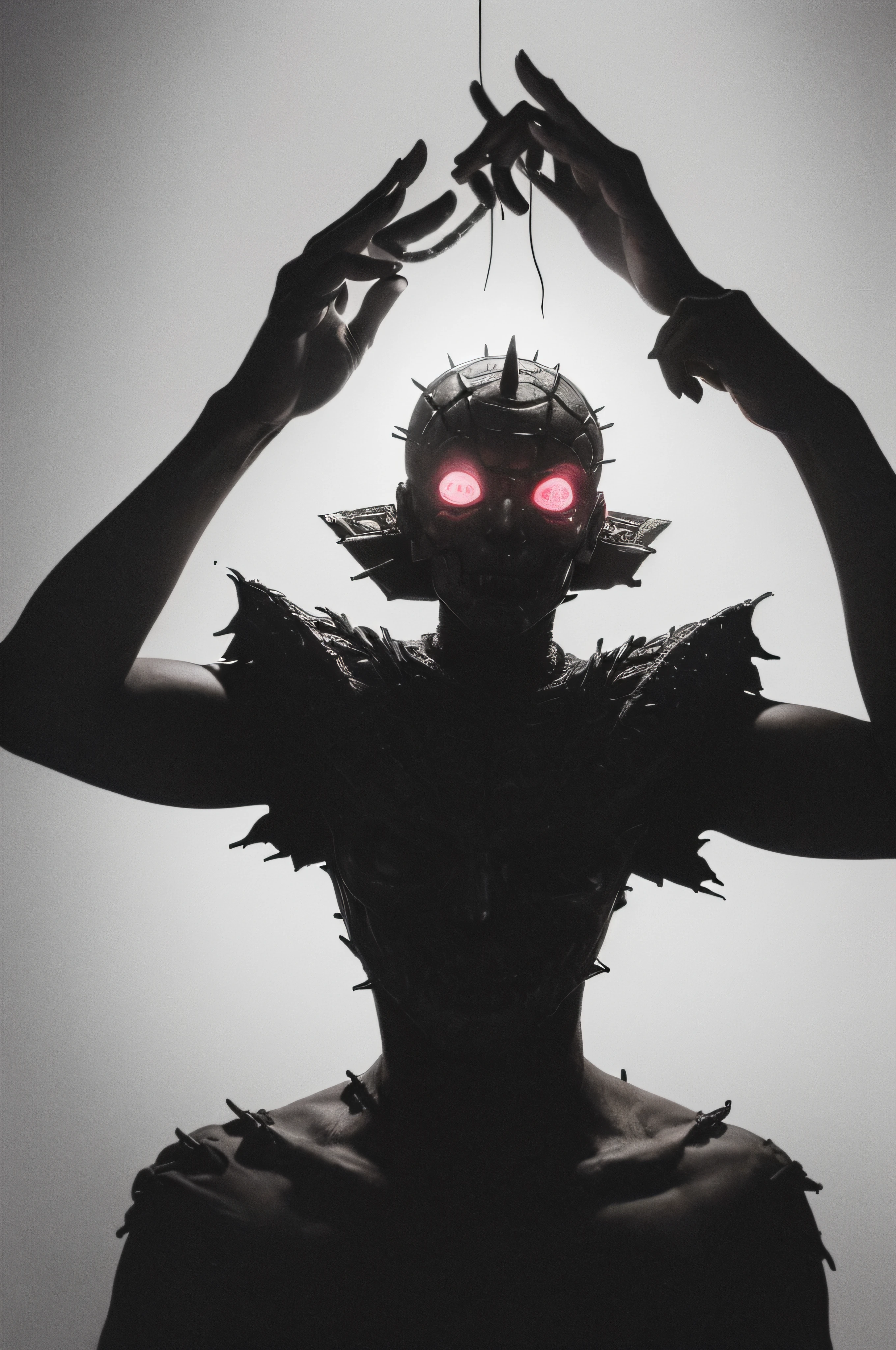 "(The best lighting, oscuro, dramatic),(feto calavera alien, Hellraiser, Cicatrices, sexy, cerebro, sangre, alas blancas sucias, una rata dentro de la cabeza, terror.),(ojos rojos, calaveras). morning light.