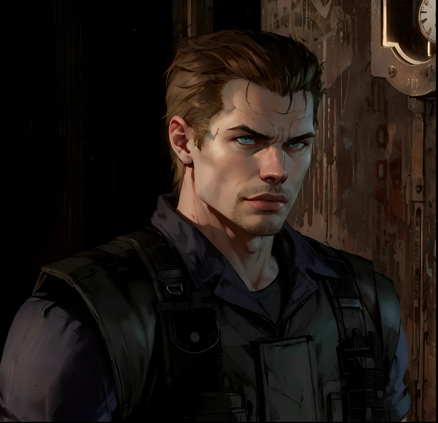 a close up of a person in a vest and a clock, albert wesker, brad pitt is leon s. kennedy, jack baker from resident evil 7, he's very menacing and evil, albert wesker full body portrait, albert wesker and chris redfield, chris redfield, background of resident evil game, resident evil, supermodel in silent hill as 90s anime ART style