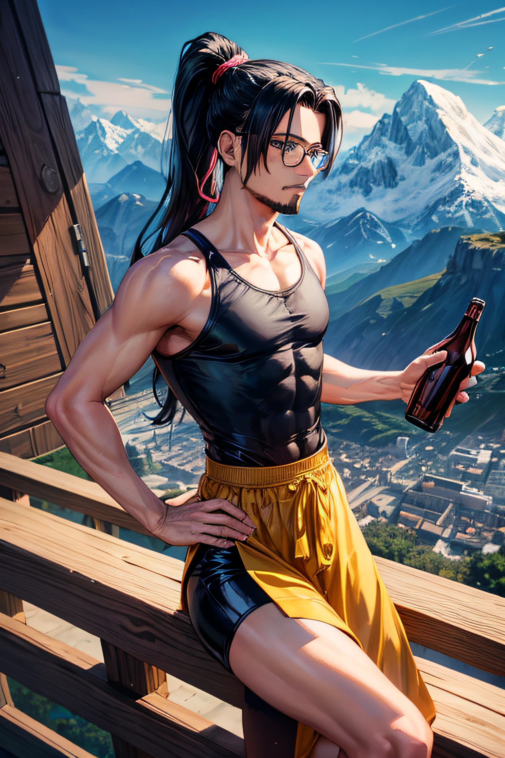 Anime style,BIKE,Guy,A young,goatee,eyeglasses,pony tail,mountains,ciberpunk,The great show of Sipieda in all its glory,A bottle of beer,Sailormoon Style