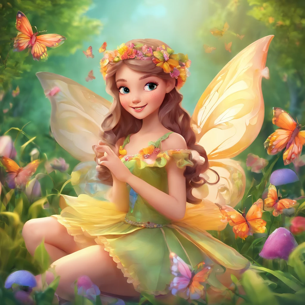 A beautiful girl in a fairy costume, rodeado de flores y mariposas. contenido: Pintura de acuarela. estilo: caprichoso y delicado, like the illustration of a children's book.