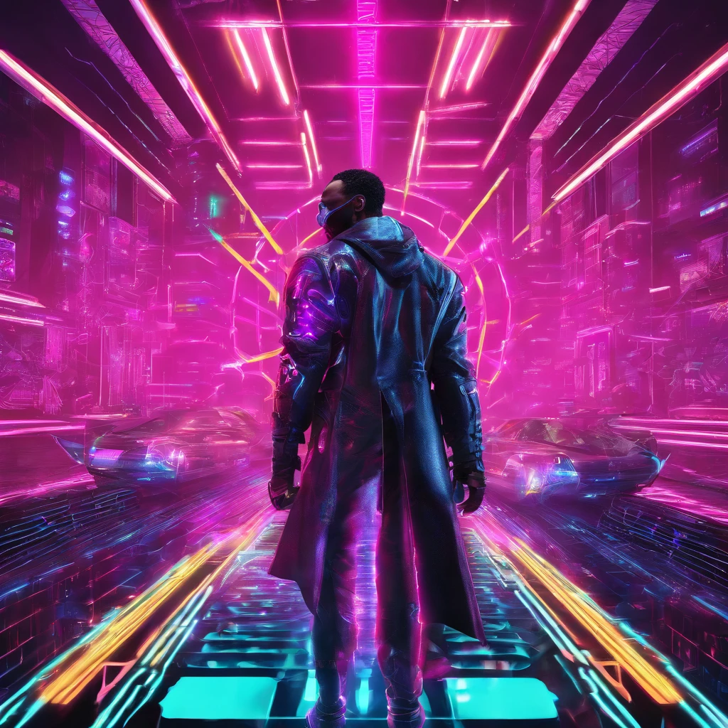 ((masculine)), ((masked man)), black dreadlocks, brown skin, black eyes, cowboy shot, ((ultra detailed neon cyberpunk futuristic city )), detailed and intricate ((cyberpunk city streets background)), featuring high-tech holographic projections and sleek architecture, (highly detailed photo realistic), sharp focus, ultra high quality, vibrant, (symmetrical detailed face:1.7), toned, masterpiece, (cinematic lighting), smoking weed, ((cyberpunk 2077 inspired)