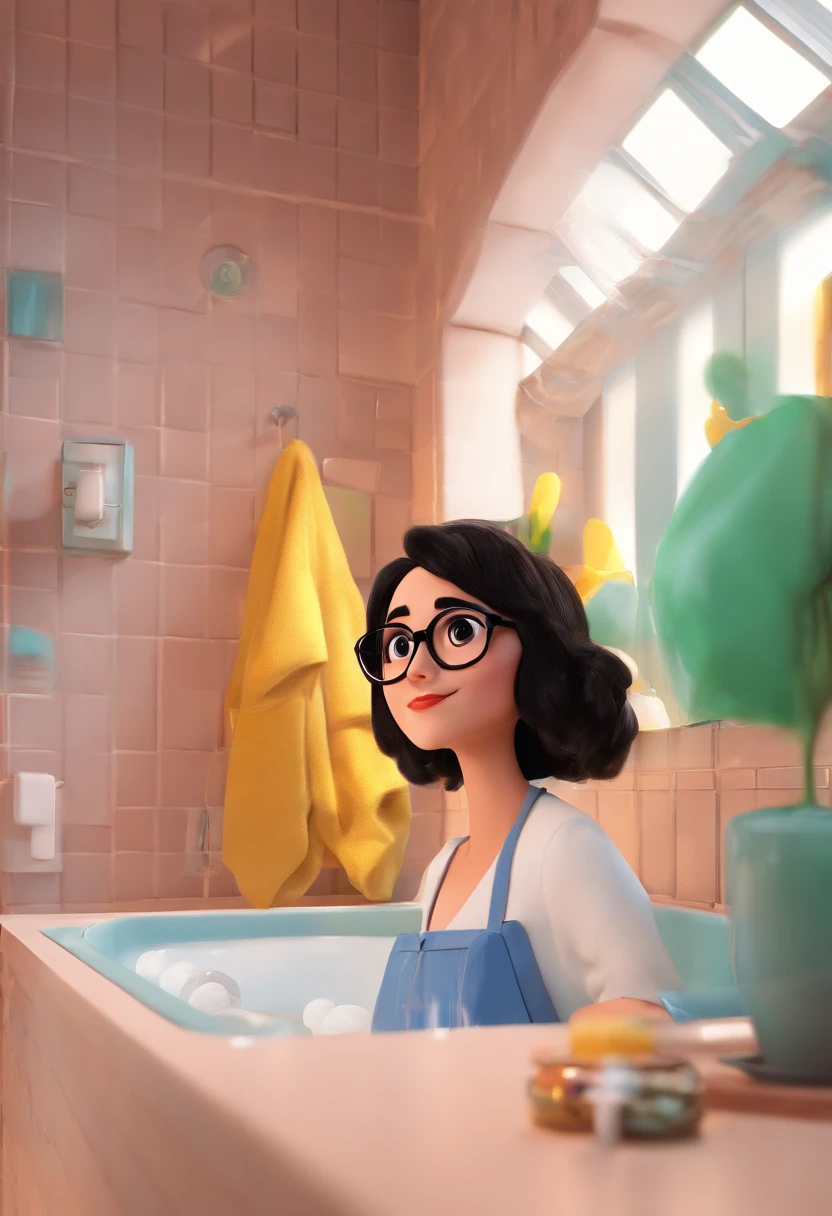 A Disney Pixar-inspired movie poster. White woman with straight black hair in a bun, dark brown eyes, wearing thin white glasses, blue blouse and brown coat, in the bathroom afraid of the shower water. The scene must follow Pixar's signature digital art style, focusing on the characters' expressions, vibrant cores and textures created characteristic of their animations.