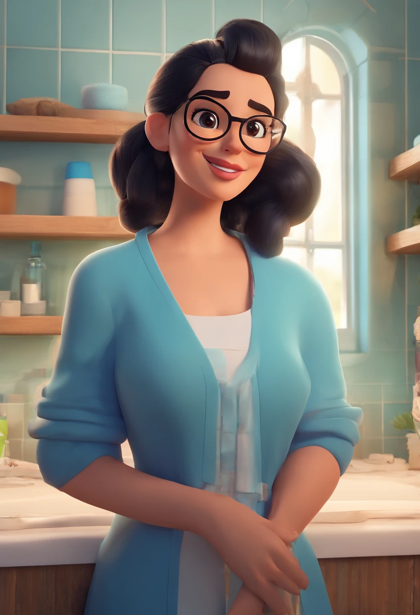 A Disney Pixar-inspired movie poster. White woman with straight black hair in a bun, dark brown eyes, wearing thin white glasses, blue blouse and brown coat, in the bathroom afraid of the shower water. The scene must follow Pixar's signature digital art style, focusing on the characters' expressions, vibrant cores and textures created characteristic of their animations.