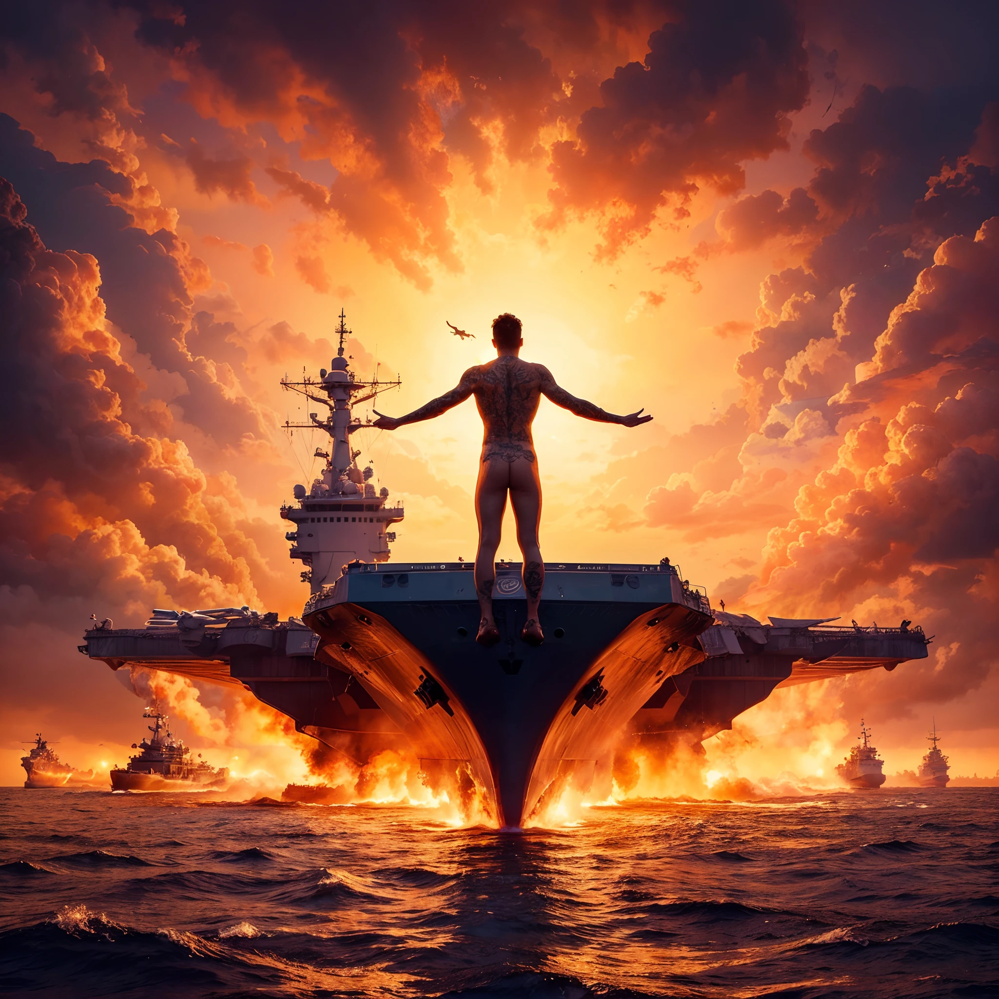 The aircraft carriers are completely destroyed and on fire in the middle of the sea. Sunrise, artistic painting
A person standing vertically in space, raising his hands with a naked tattoo
