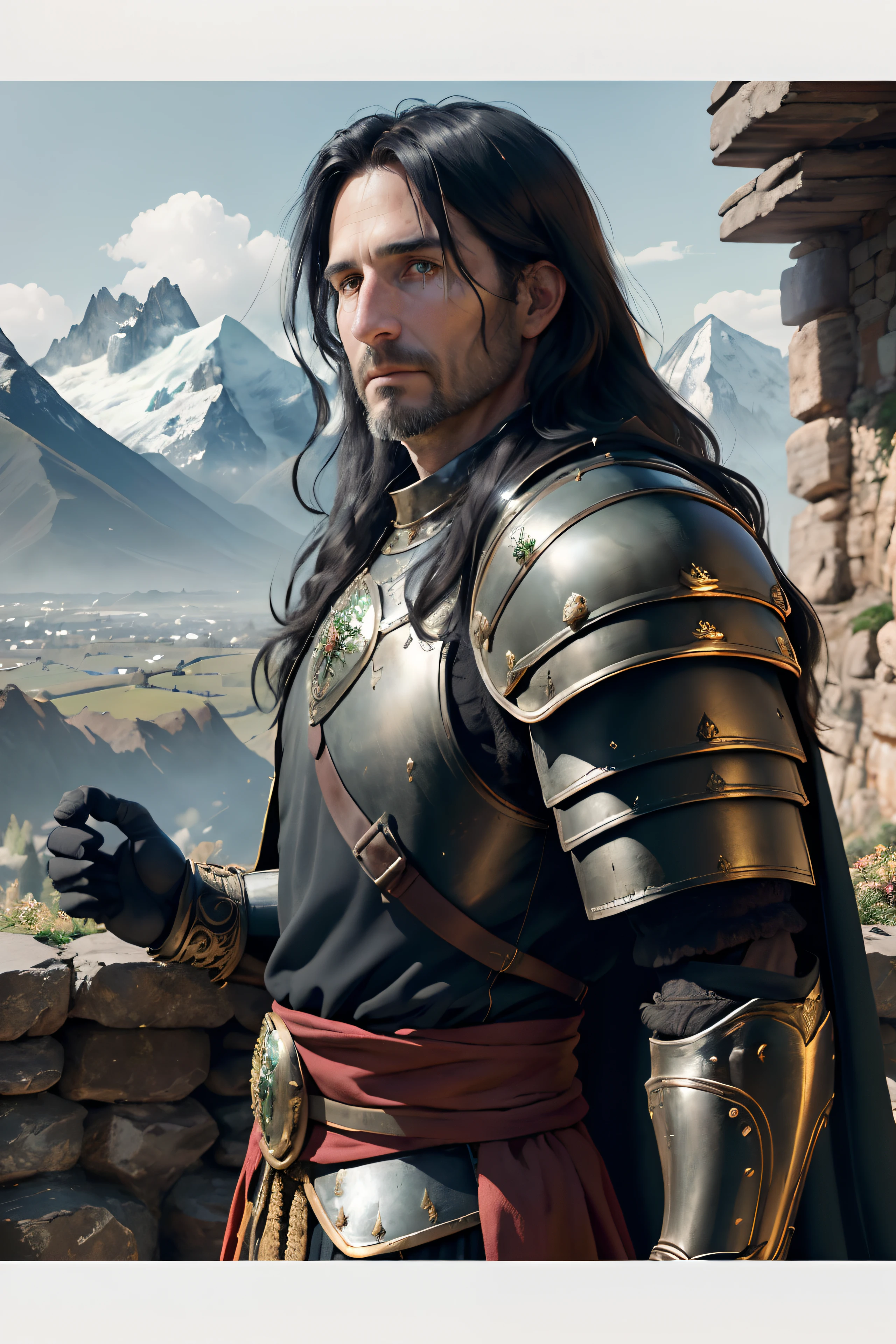 ((masterpiece, best quality)), 1guy, (((40 year old man))), messy long black hair, black armor, looking at the viewer, mountains, verdant fields, 8k, perfect eyes, perfect hands, king, wise man, thinking