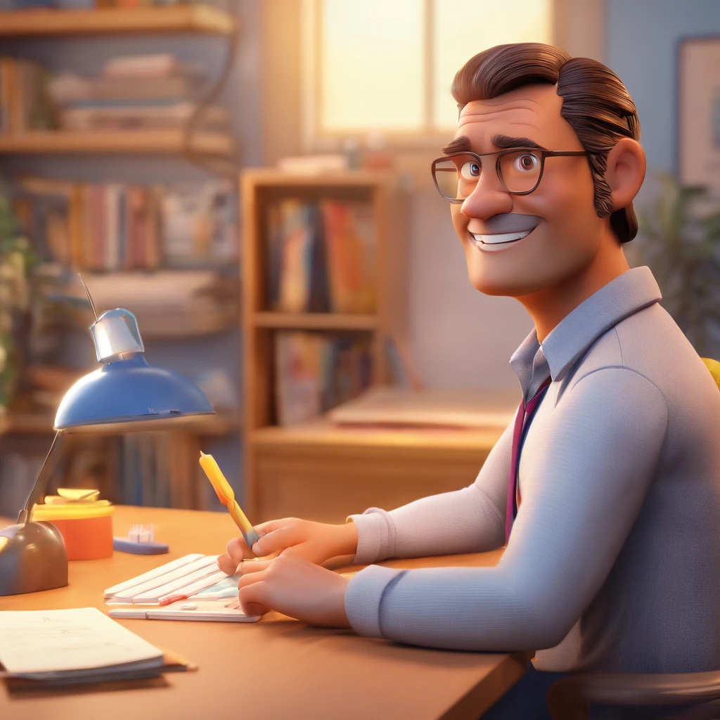 Crie um cartaz inspirado na Disney Pixar com o personagem sendo um surfista moreno de pele clara, A man with neck-length brown hair, in an office