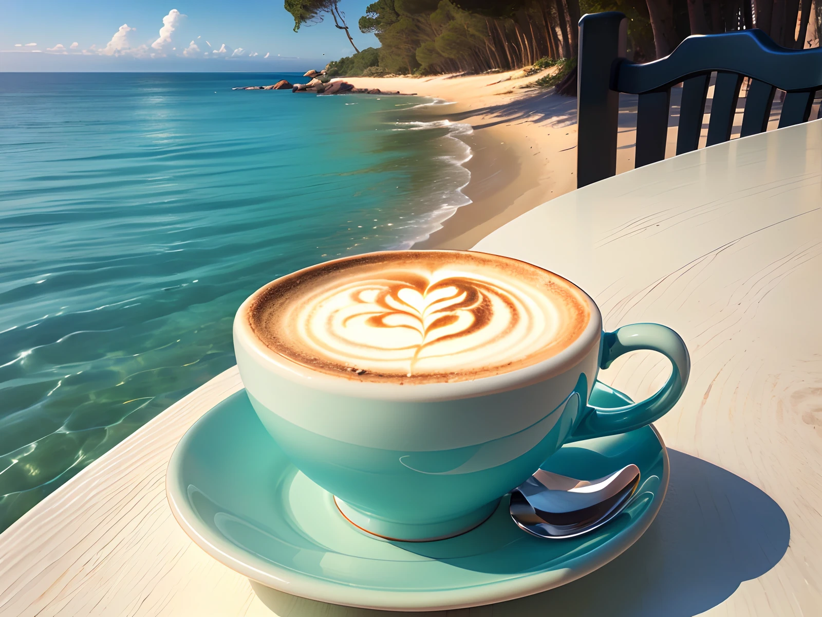 White cup of cappuccino on a table in front of the sea