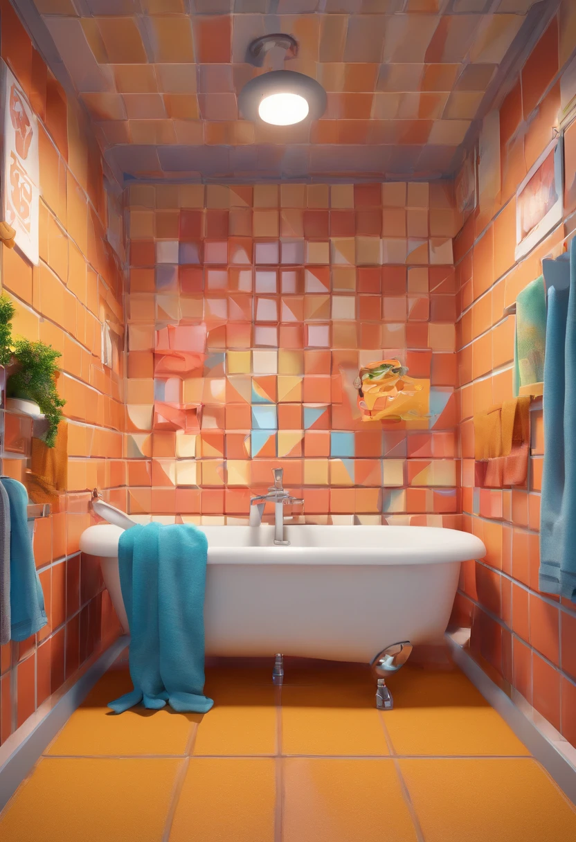 A movie poster inspired by Disney Pixar. Mulher branca com cabelo preto liso em um coque, olhos castanhos escuros, Wearing thin white glasses, blusa azul e casaco marrom, in the bathroom afraid of the shower water. The scene should follow Pixar's signature digital art style, Focus on character expressions, Vibrant cores and created textures characteristic of your animations.