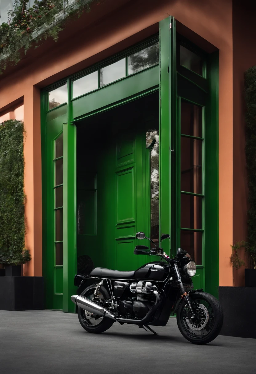 The façade of a green building with open glass doors and a black motorbike inside behind a black sofa