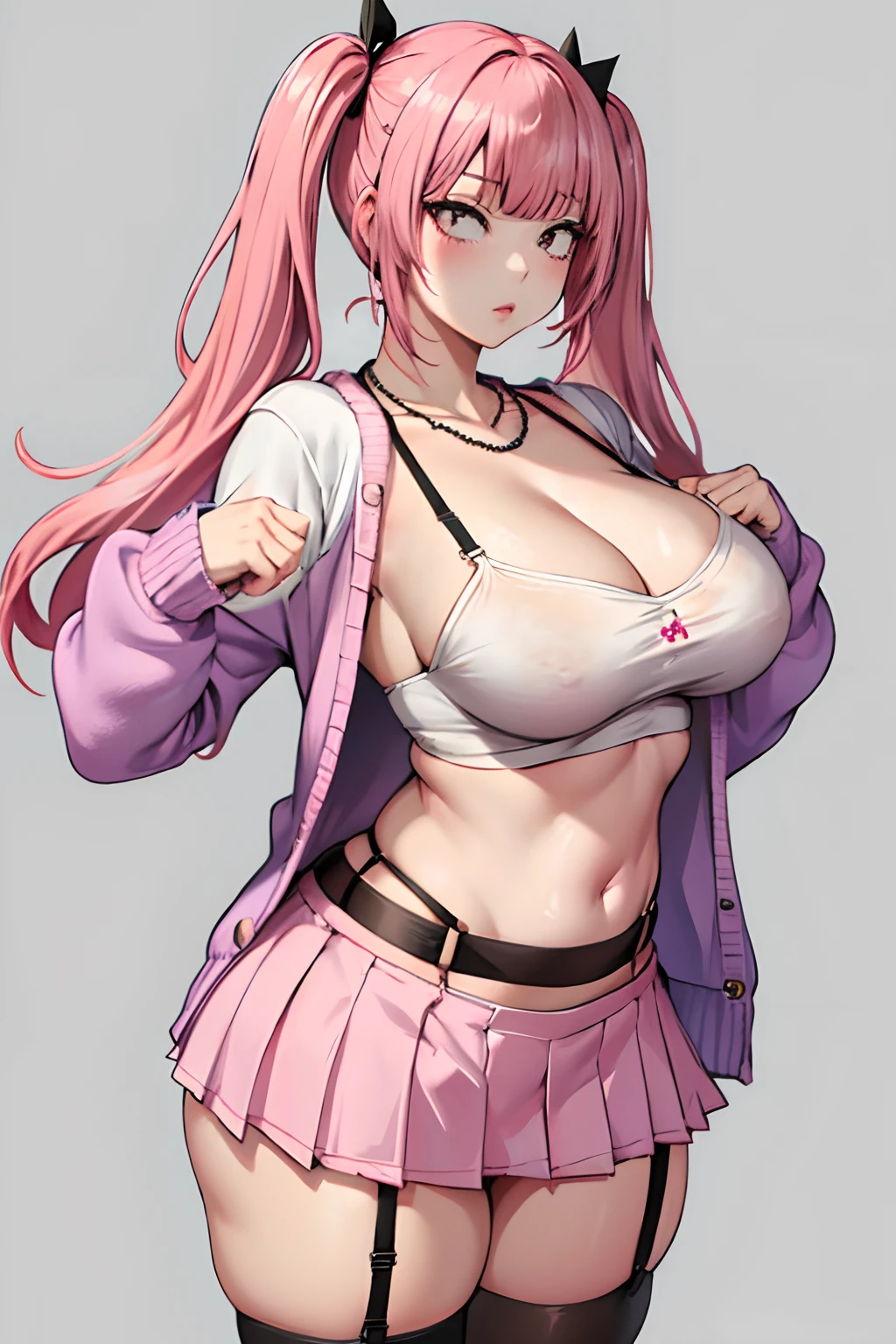 1girl, masterpiece, pink hair, asian, blunt bangs, long hair, twin tails, large breasts, miniskirt, cardigan, garter belt, midriff, necklaces