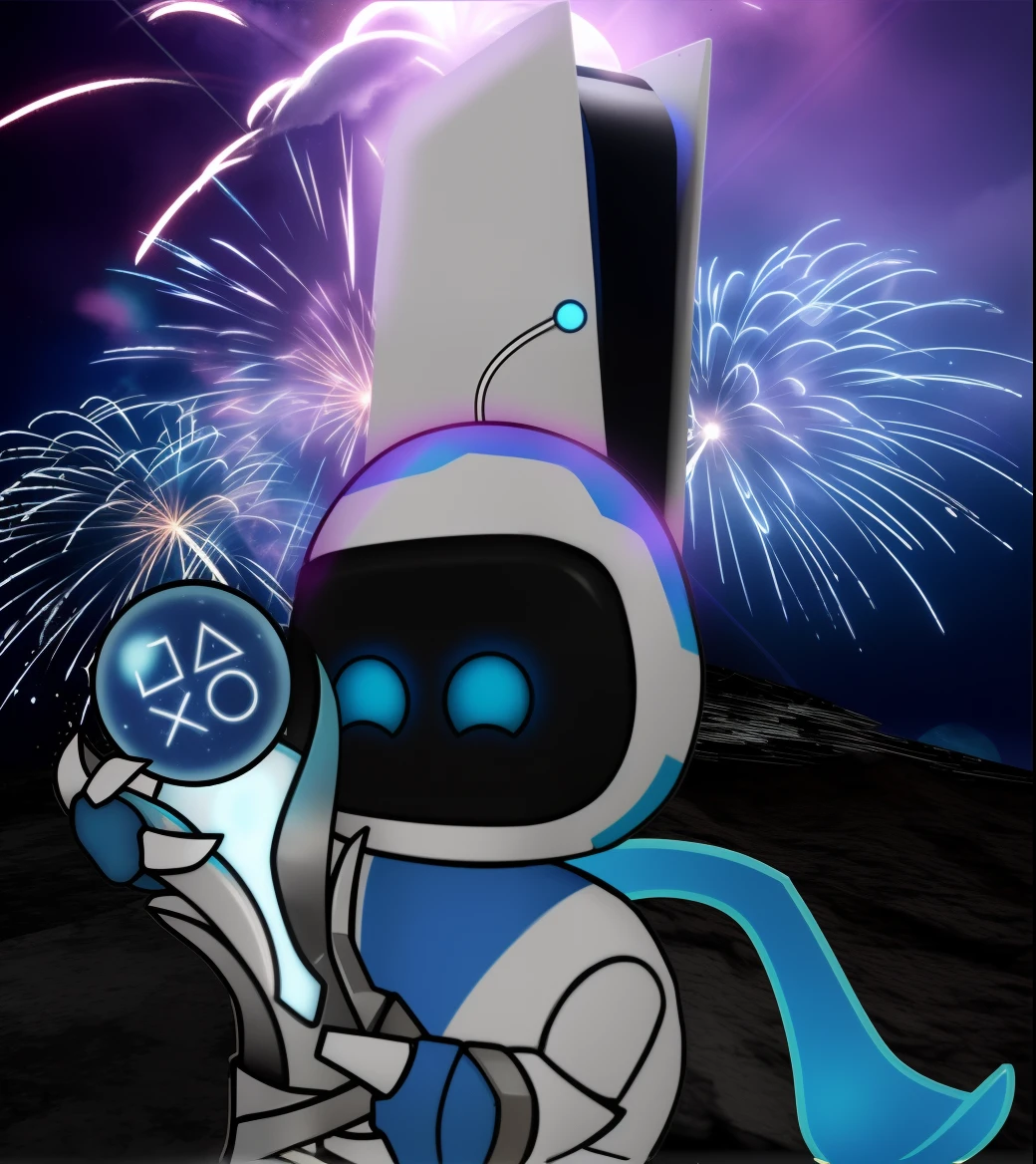 Cartoon robot holding a light up a blue and white object, robot wizard, Inspirado em Super Bomberman, Estilo cavaleiro oco, 🚀🚀🚀, Shovel Knight como Daft Punk, O Cavaleiro do Cavaleiro Oco, lunar themed attire, foto de perfil 1024px, robot overlord in the year 3499, em estilo de cytus e deemo, O Piro