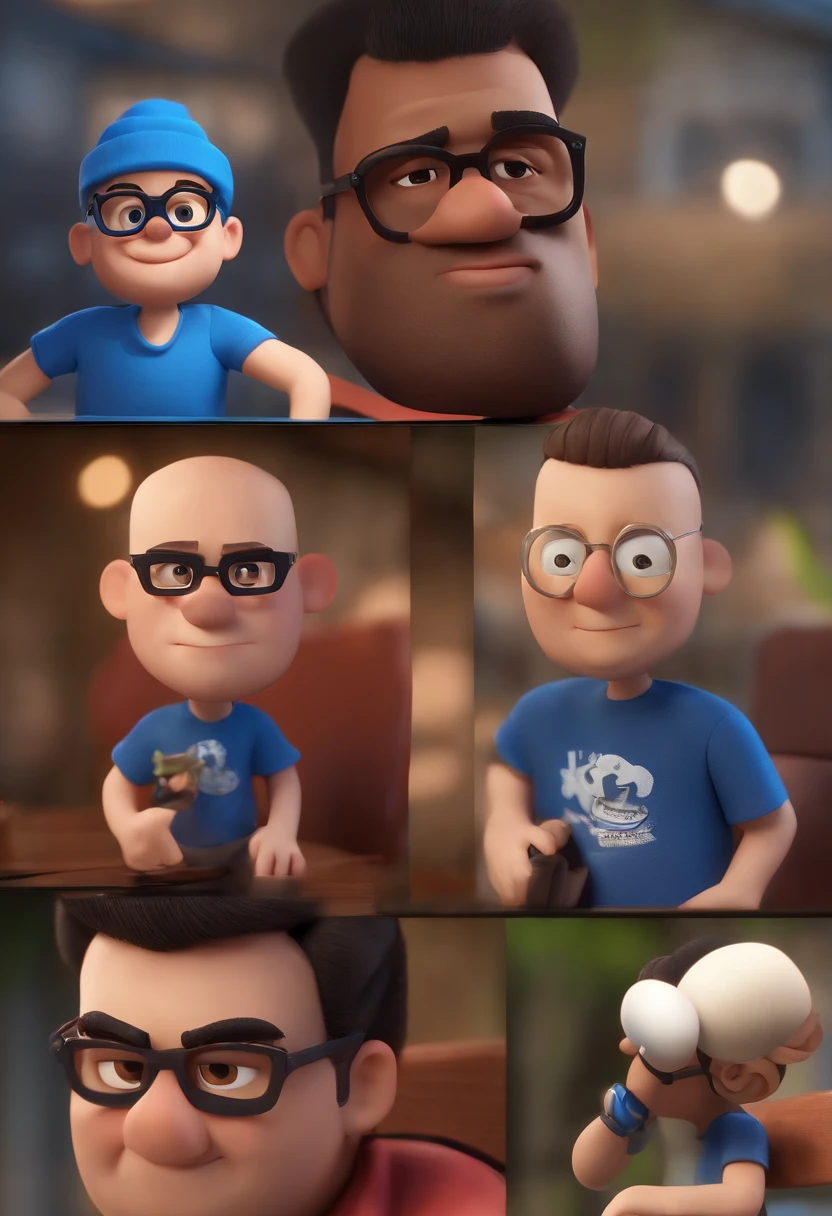 Cartoon character of a man wearing black glasses and a blue shirt, um personagem animado, Caractere estilizado, animation style rendering, 3D estilizado, Arnold Maya render, 3 d render stylized, toon render keyshot, Personagem 3D, Personagem 3D, 3d rendering stylized, 3 d character render, personagem de desenho animado, Personagem de close up, Pose de personagem, (Estilo Pixar) (master part:1.2) (Bokeh) (best quality) (pele detalhada) (textura detalhada) (8k) (argila) (Cinematic lighting) (foco nítido,Senta e vaza a parte superior do corpo
