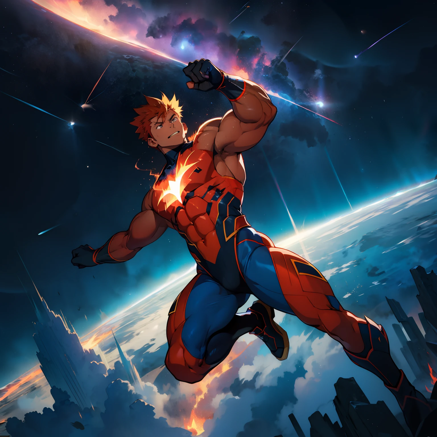 (anime style)  meteor, bokeh ,an extremely muscular masculine superhero in a meteor shower, falling from sky like a burning Comet wrapped in blue flame superhero flaming fall angel