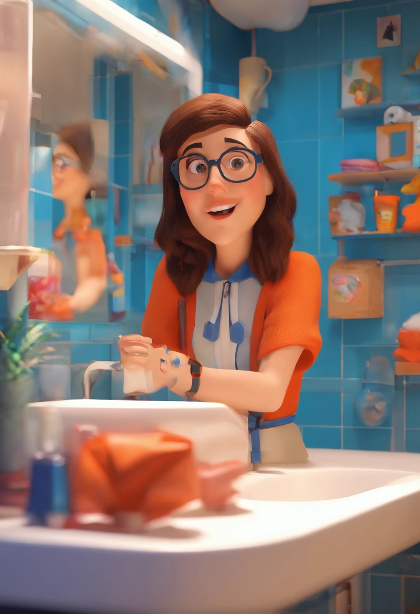 A movie poster inspired by Disney Pixar. Mulher branca com cabelo preto liso em um coque, olhos castanhos escuros, Wearing thin white glasses, blusa azul e casaco marrom, in the bathroom afraid of the shower water. The scene should follow Pixar's signature digital art style, Focus on character expressions, Vibrant cores and created textures characteristic of your animations.