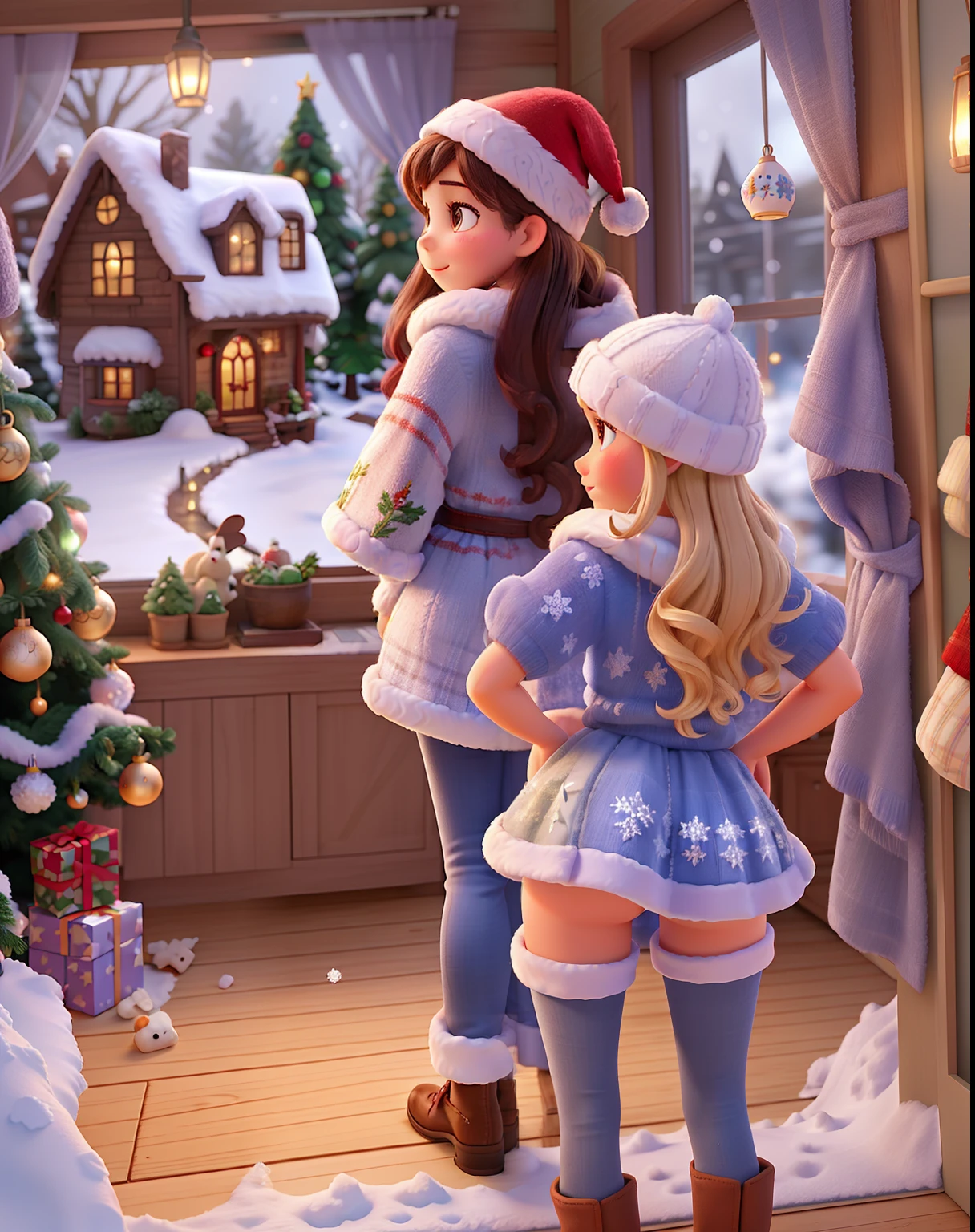 In a charming Disney Pixar Christmas setting, an indoor house is adorned with festive "Christmas" decorations, as gentle "snow" falls outside. A "cute young woman" in cozy "wool" winter underwear climbs to decorate her Christmas tree, framed by the inviting glow of the "window," capturing the heartwarming holiday spirit. She is wearing wool lingerie underwear.