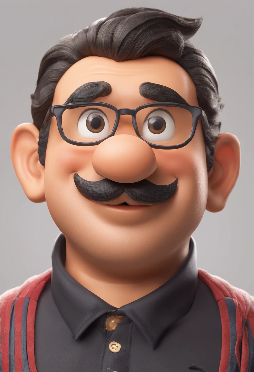 ((best quality)), ((master part)), ((desenhos animados realistas)), ((Personagem perfeito)) - Um retrato frontal meticulosamente detalhado e realista de um homem com cabelo raspado, glasses and a shirt with beautiful textures. O homem olha diretamente para o espectador, Establish a strong and confident presence. The image captures their distinctive facial features, accurately showing the brightness of your eyes and the design of your glasses. The black shirt is rendered with fine details, aumentando o profissionalismo do retrato. Enviado para documentos oficiais, this portrait is presented in impressive 8K UHD resolution, Ensure clarity and unique protection.