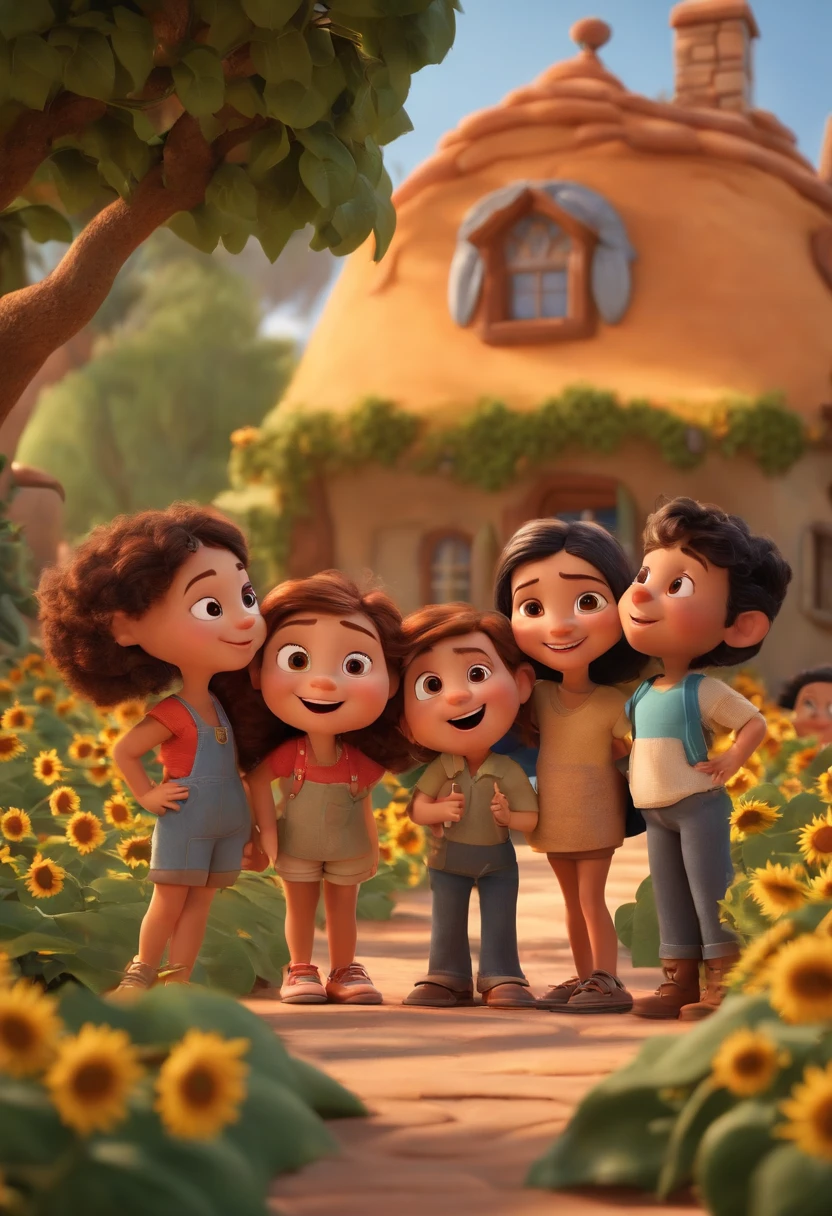Create a Disney PIXAR-style 3D poster. ((centro da imagem, Triplets)), ((3 )) ((1 menino no meio e 2 meninas ao lado, They're hugging each other, O menino tem pele castanha e cabelos castanhos escuros e olhos castanhos escuros, 1 menina tem pele clara, olhos e cabelos escuros e cacheados, e a outra menina tem pele morena, olhos escuros e cabelos escuros e lisos)) ((tudo isso no estilo Disney PIXAR 3D, In the background, A house of sunflowers, Gloria Studio, The garden is full of nature 3D render RTX clay material, estilo de design cartunesco, POP Mart, soft lighting, linhas suaves, Spring tilt, Detailed illustrations of PIXAR 3D, Detalhes hiper-realistas, cor quente no estilo Disney PIXAR 3D))