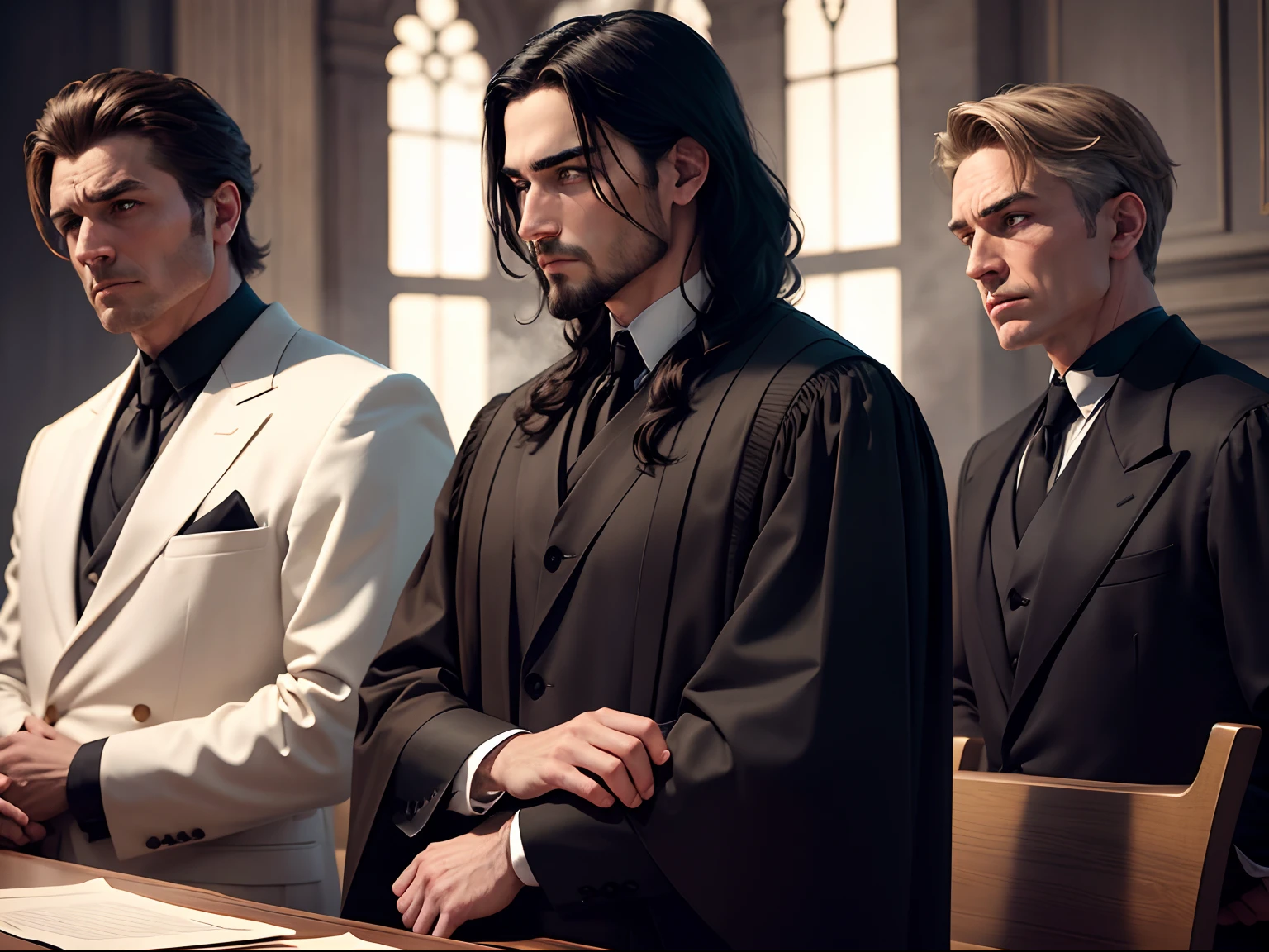 In a courtroom, three stern male judges presiding over a court hearing. The scene is set with a serious and formal atmosphere, where the male judges are seated on a raised platform. the men judges is dressed in black robes and white wigs; (best quality,realistic:1.37),painting-style,high-contrast lighting,detailed facial features,dramatic atmosphere,shadows and highlights,subtle color palette,studio lighting,expressive facial expression,detailed facial expression,professional,high-res, three men