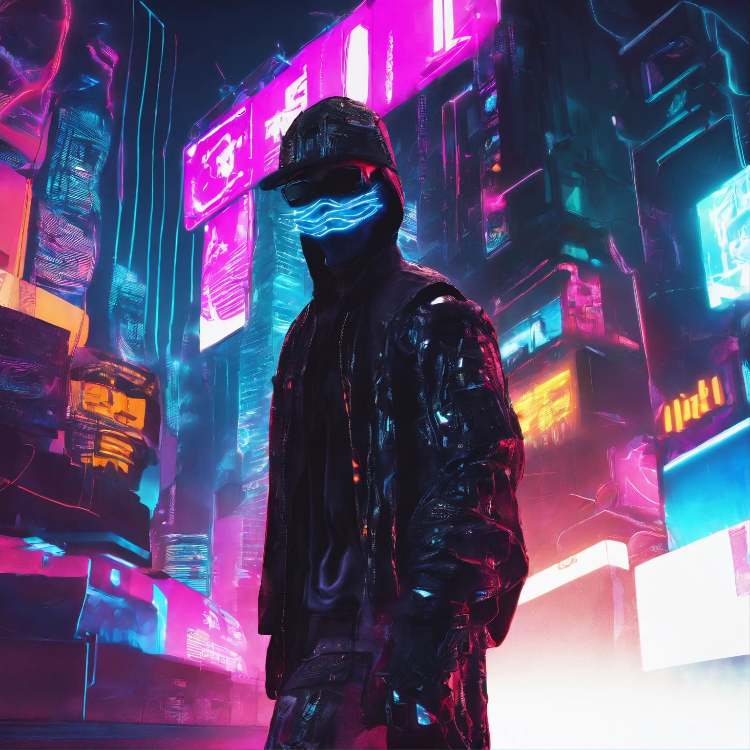 ((masculine)), ((masked man)), black dreadlocks, brown skin, black eyes, cowboy shot, ((ultra detailed neon cyberpunk futuristic city )), detailed and intricate ((cyberpunk city streets background)), featuring high-tech holographic projections and sleek architecture, (highly detailed photo realistic), sharp focus, ultra high quality, vibrant, (symmetrical detailed face:1.7), toned, masterpiece, (cinematic lighting), smoking weed, ((cyberpunk 2077 inspired)