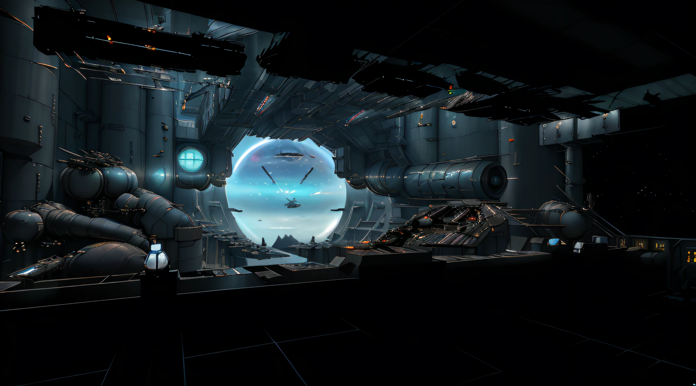 arafed view of a futuristic space station with a large screen, inside a futuristic army base, star citizen halo, galaxy raytracing, standing in a starbase bar, aurora spaceship environment, stood inside a futuristic lab, star citizen digital art, star citizen concept art, futuristic scientific laboratory, space station interior, tron legacy setting, concept art. 8 k, futuristic laboratory, maintenance room, transport room, command bridge design, big cockpit, consoles