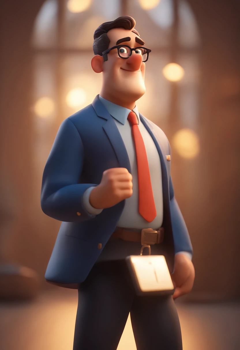 Cartoon character of a man wearing black glasses and a blue shirt, um personagem animado, Caractere estilizado, animation style rendering, 3D estilizado, Arnold Maya render, 3 d render stylized, toon render keyshot, Personagem 3D, Personagem 3D, 3d rendering stylized, 3 d character render, personagem de desenho animado, Personagem de close up, Pose de personagem, (Estilo Pixar) (master part:1.2) (Bokeh) (best quality) (pele detalhada) (textura detalhada) (8k) (argila) (Cinematic lighting) (foco nítido，Senta e vaza a parte superior do corpo